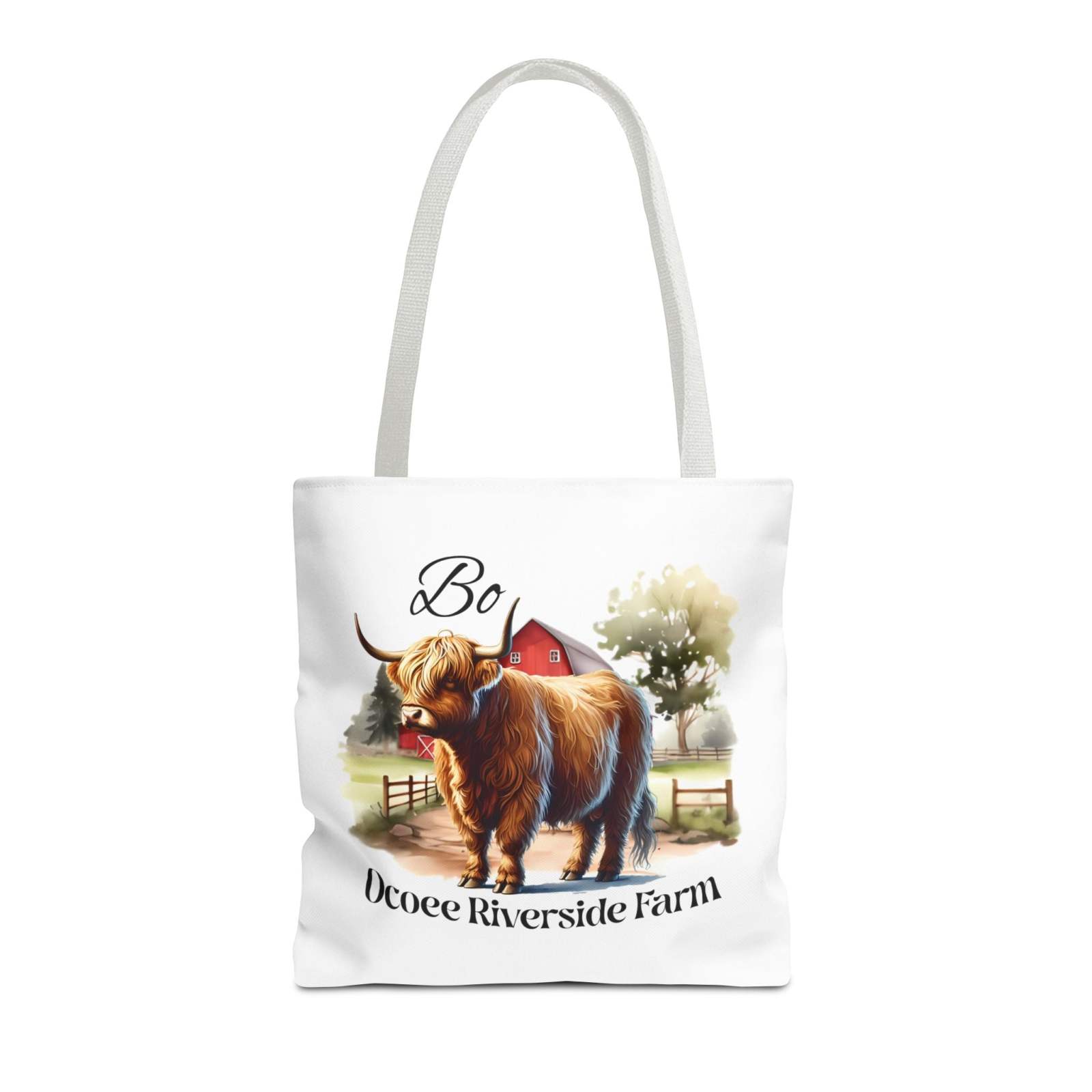 Bo Scottish Highland Tote Bag with illustrated cow and farm design, eco-friendly shopping bag with durable polyester and reinforced handles.