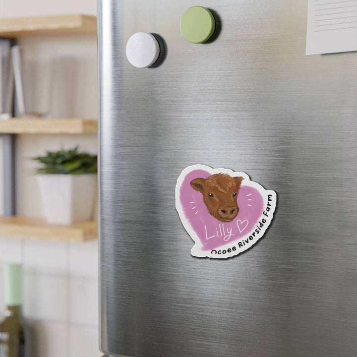 Farm Animal Die-Cut Magnet featuring adorable cow design on refrigerator door with matte finish and vibrant colors.