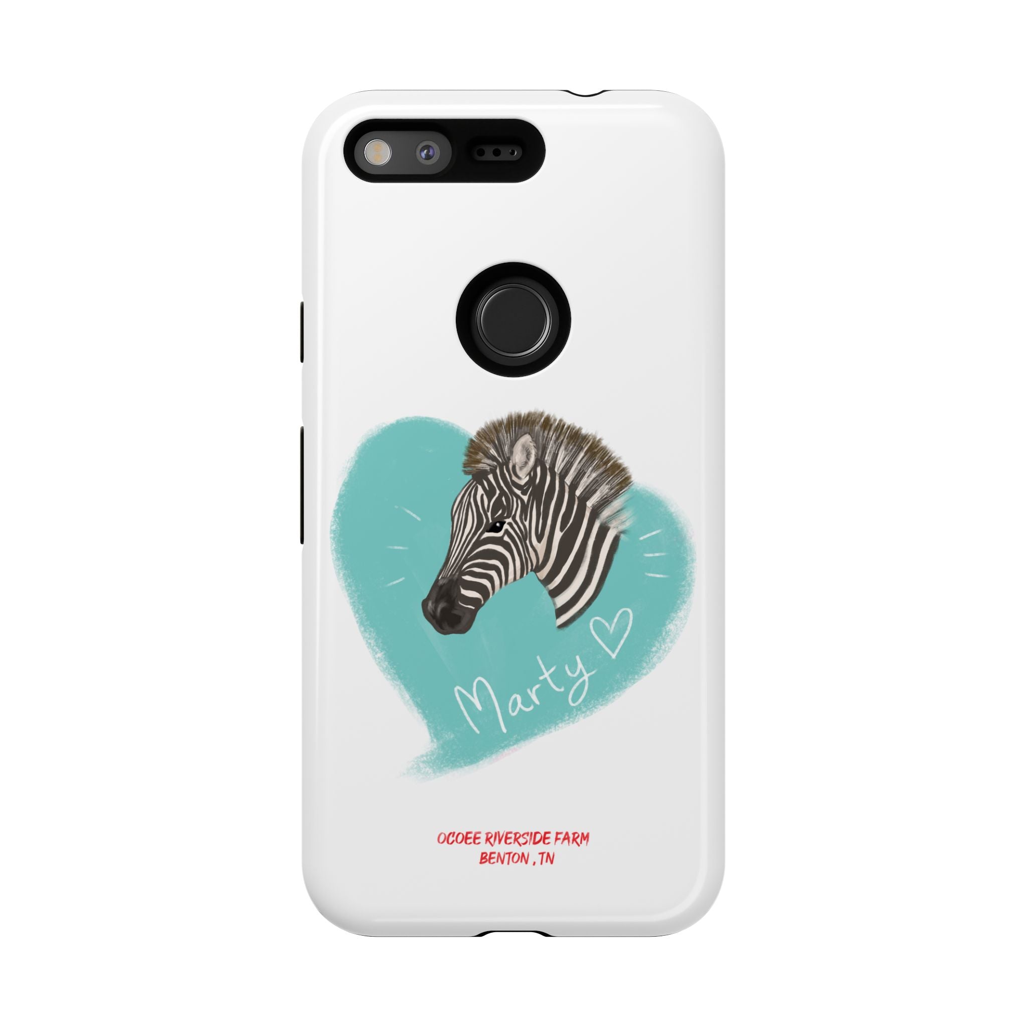 A zebra adorned with the word "Marty" creatively integrated into its stripes at Ocoee Riverside Farm Phone Case