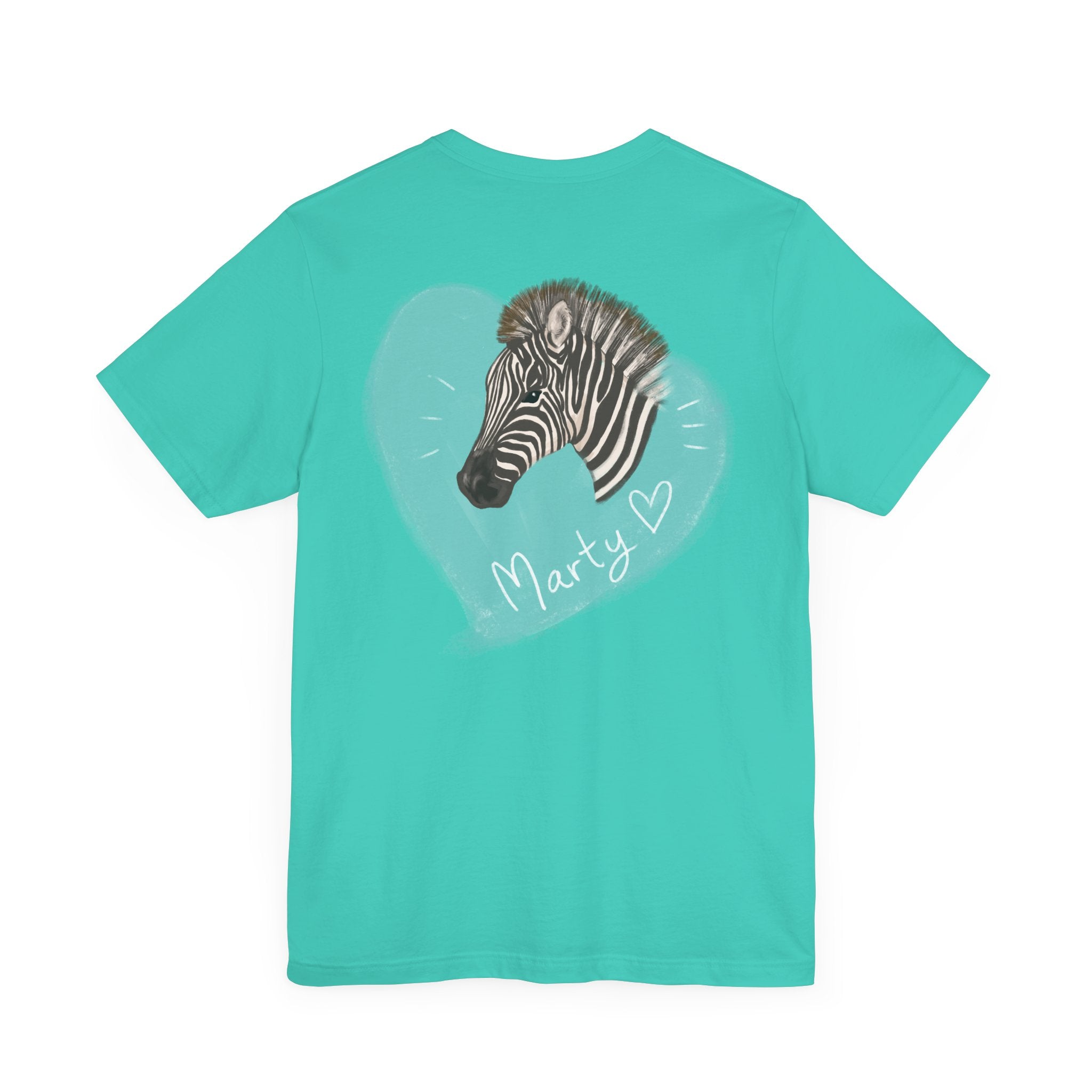 A zebra adorned with the word "Marty" creatively integrated into its stripes at Ocoee Riverside Farm T-Shirt