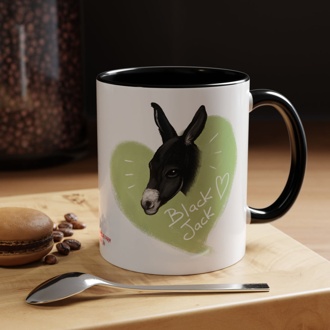 A donkey featuring the words "Black Jack" prominently displayed on its side at Ocoee Riverside Farm Coffee Mug