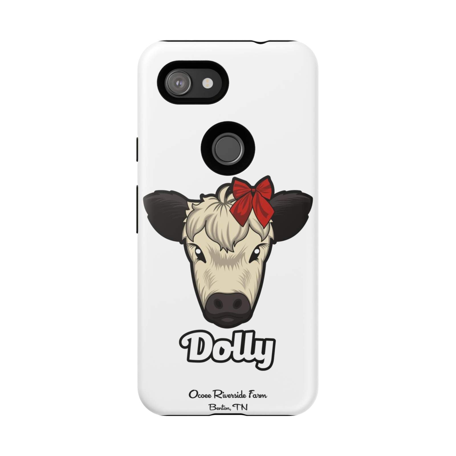 Farmhouse Chic Phone Case with Dolly the cow wearing a red bow design