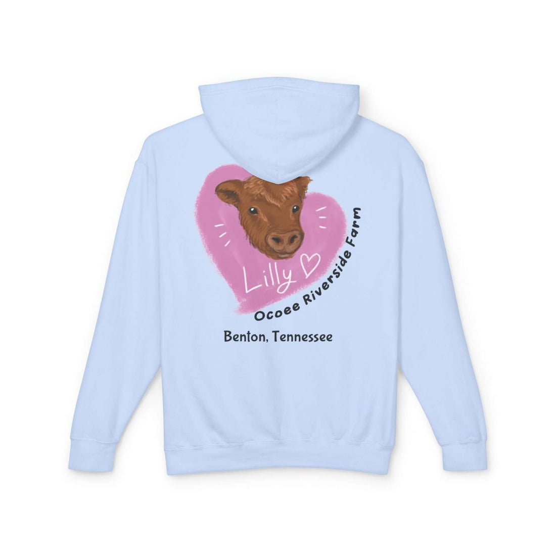 Light blue Cute Cow Hoodie featuring a cow face inside a pink heart with Lilly and Ocoee Riverside Farm text, unisex lightweight sweatshirt.