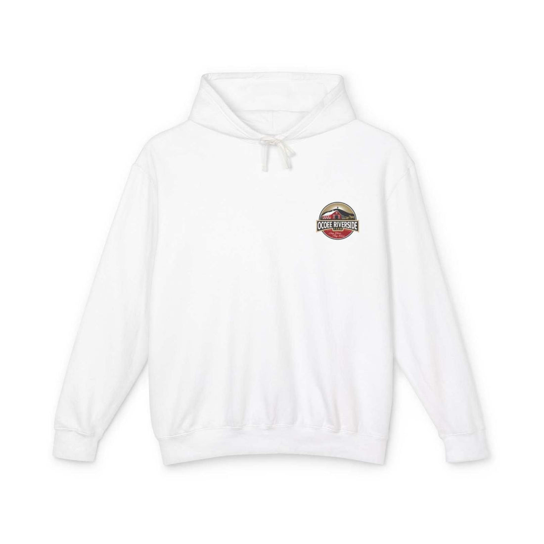 White unisex hooded sweatshirt with Ocoee Riverside Farm logo and adorable cow design, made from 100% ring-spun cotton, breathable and durable.