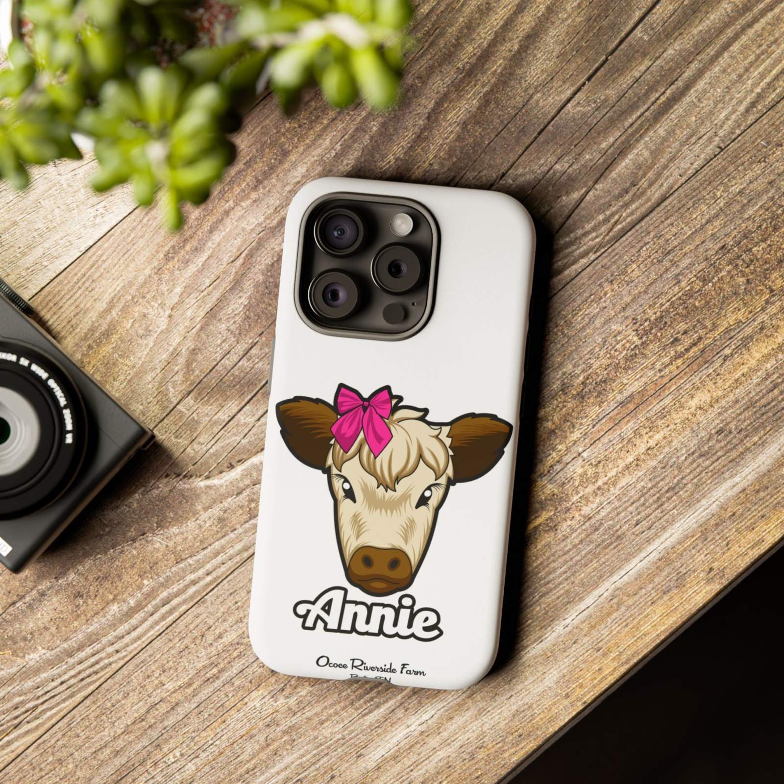 Cute Annie the Cow Phone Case with Red Bow for Farm Animal Lovers | Ocoee Riverside