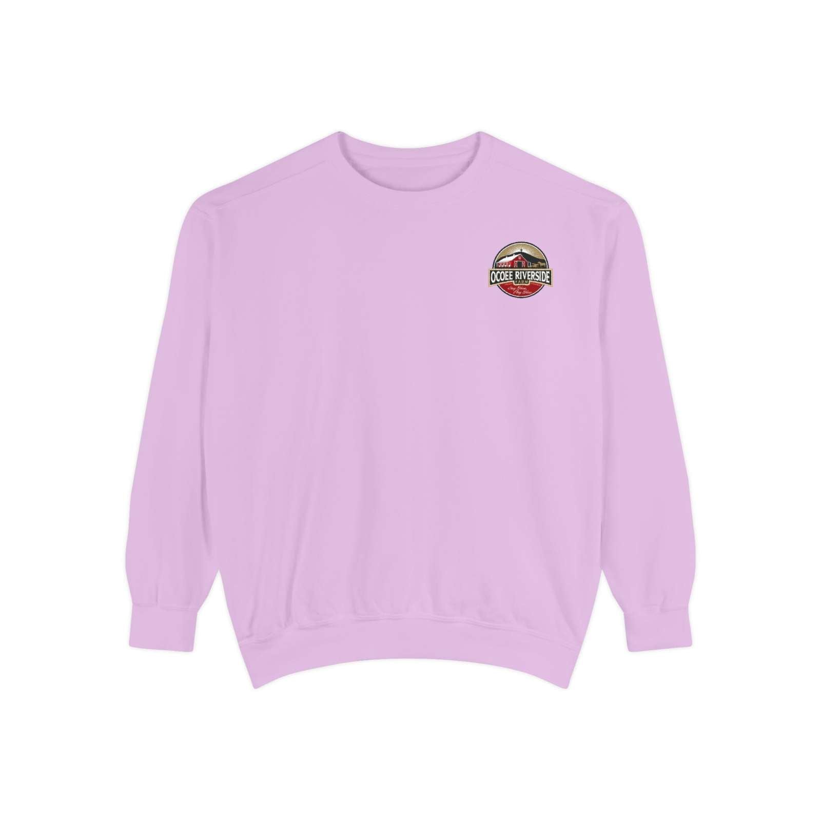 Pink Farmhouse Cow Sweatshirt with Dolly the Red Bow Cow logo, cozy and stylish.