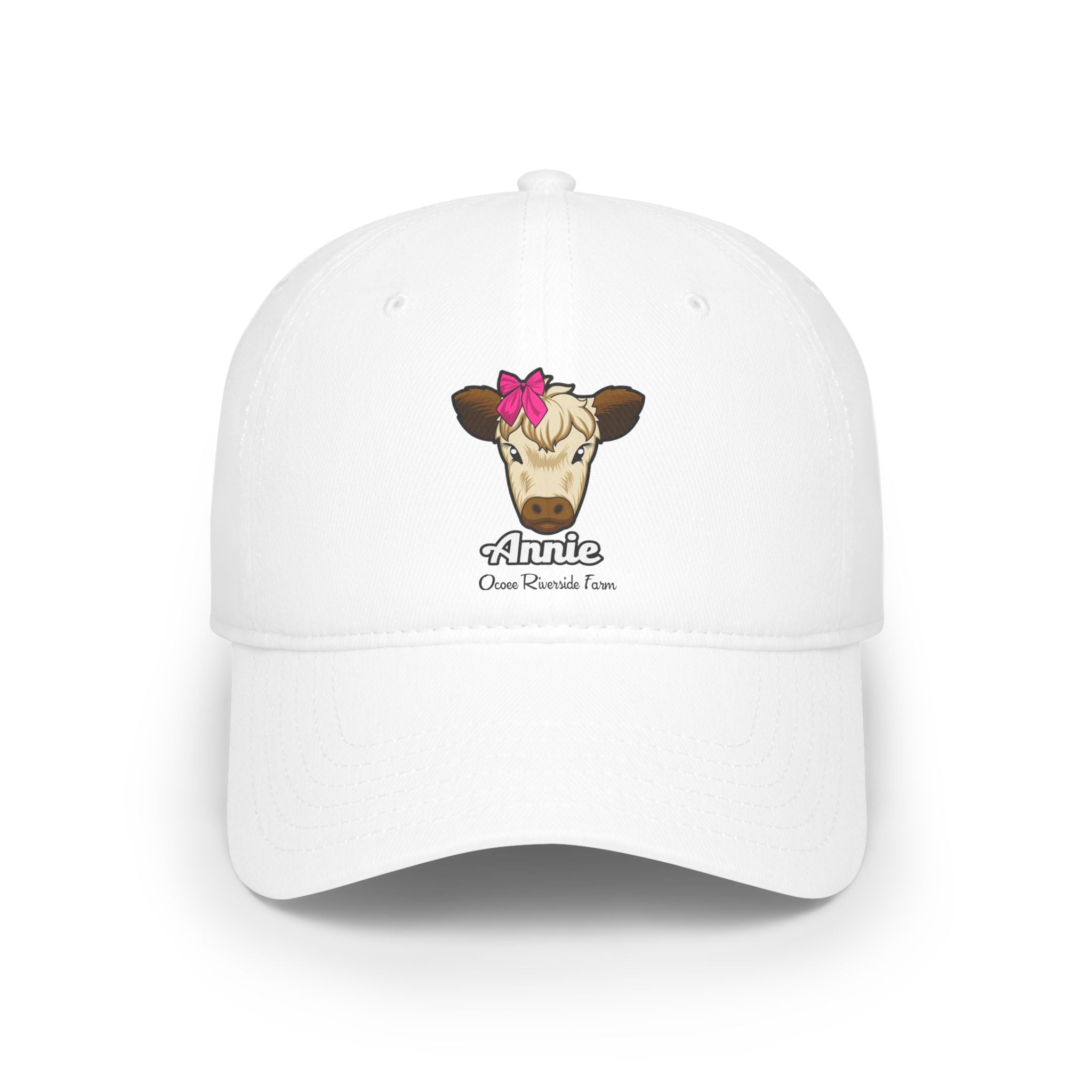 A cow adorned with a red bow on its head Named Annie - Ocoee Riverside Baseball Cap