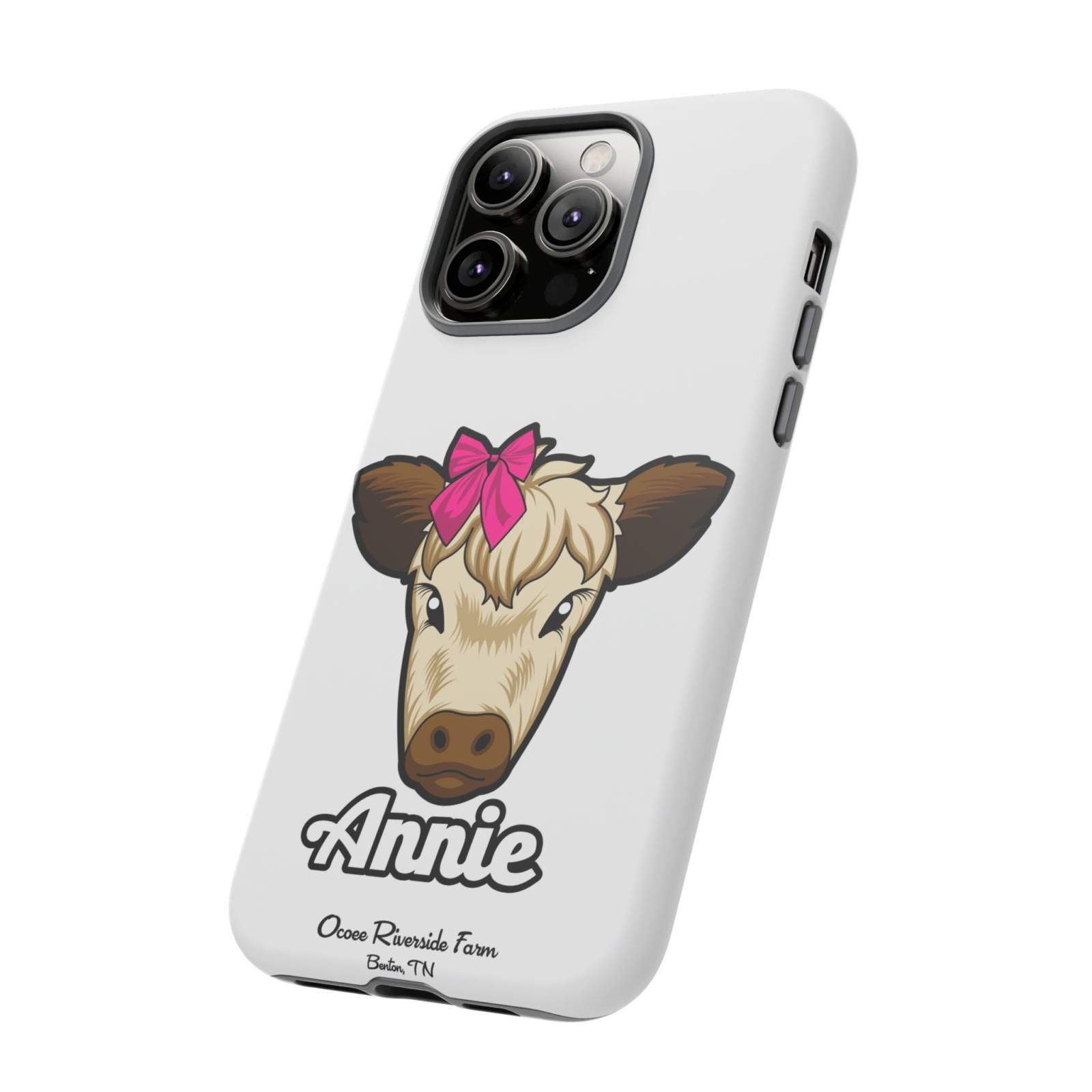 Cute cow phone case with red bow, perfect farm animal lover gift; durable and stylish design.
