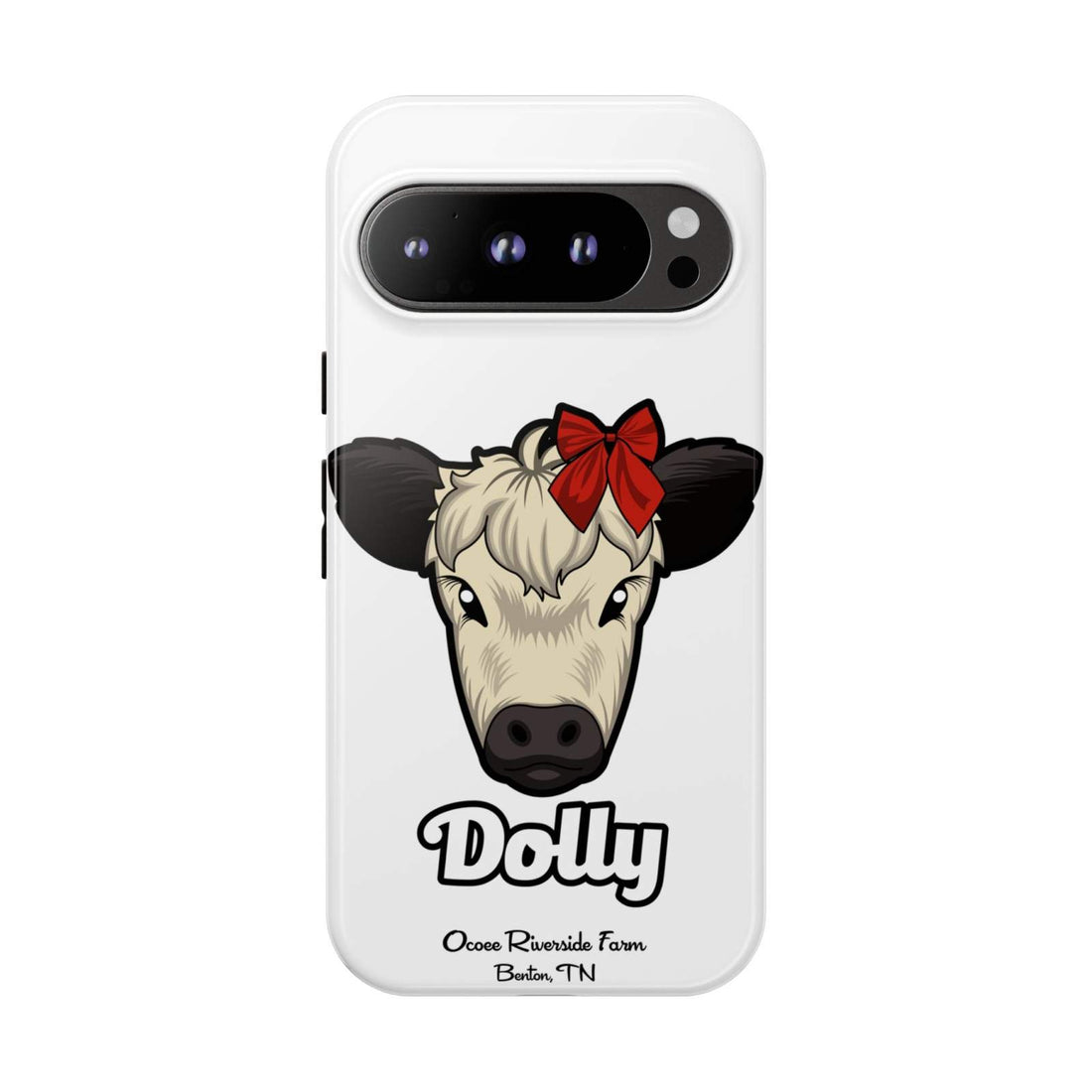 Farmhouse Chic Phone Case featuring Dolly the cow with red bow, rustic design, durable protective phone cover