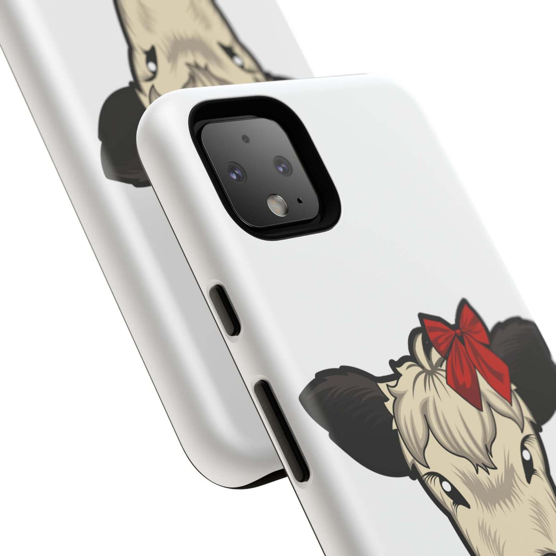 Farmhouse Chic Phone Case featuring Dolly the cow with red bow, rustic design, durable protection.