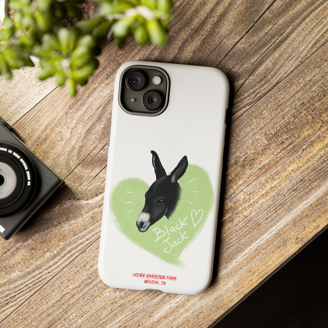 A donkey featuring the words "Black Jack" prominently displayed on its side at Ocoee Riverside Farm Phone Case