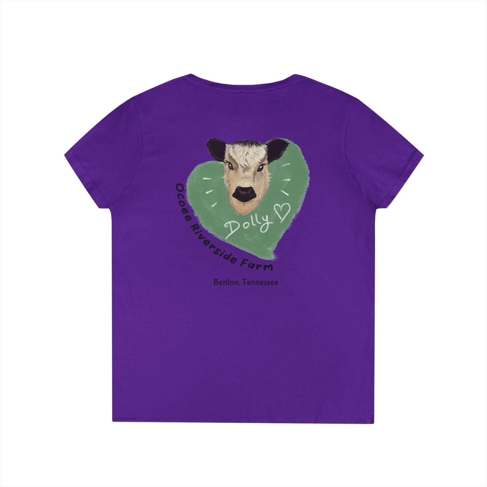 Purple Rustic Farm Style V-Neck women's t-shirt with cow graphic and "Dolly" text on back