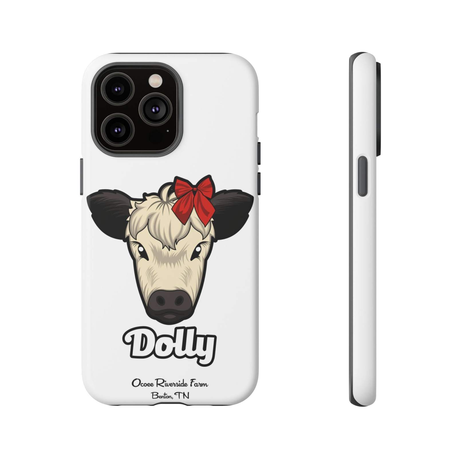 Farmhouse Chic Phone Case featuring Dolly the cow with a red bow and durable protective design