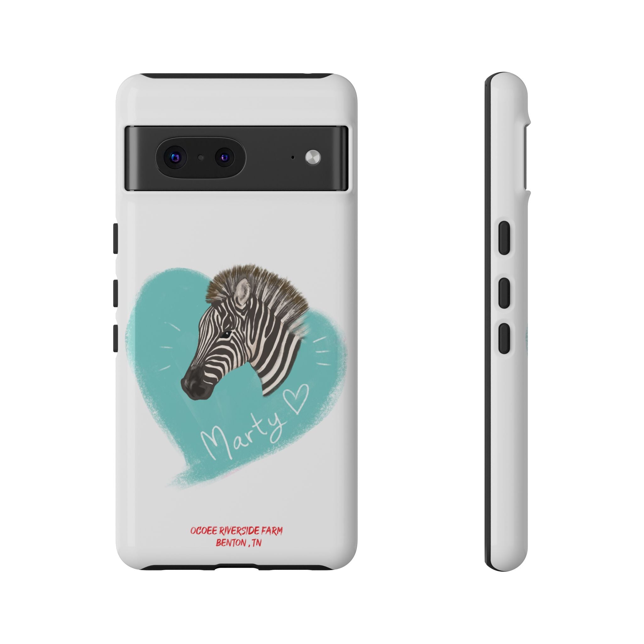 A zebra adorned with the word "Marty" creatively integrated into its stripes at Ocoee Riverside Farm Phone Case