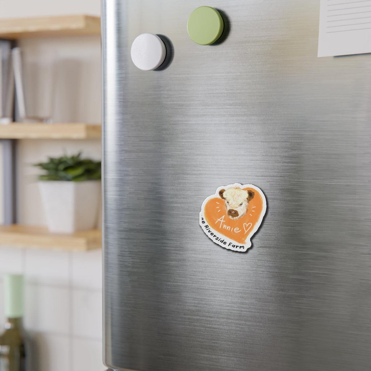 Cute Cow Design Die-Cut Magnet on stainless steel refrigerator holding notes, farm animal decor with vibrant colors and matte finish.