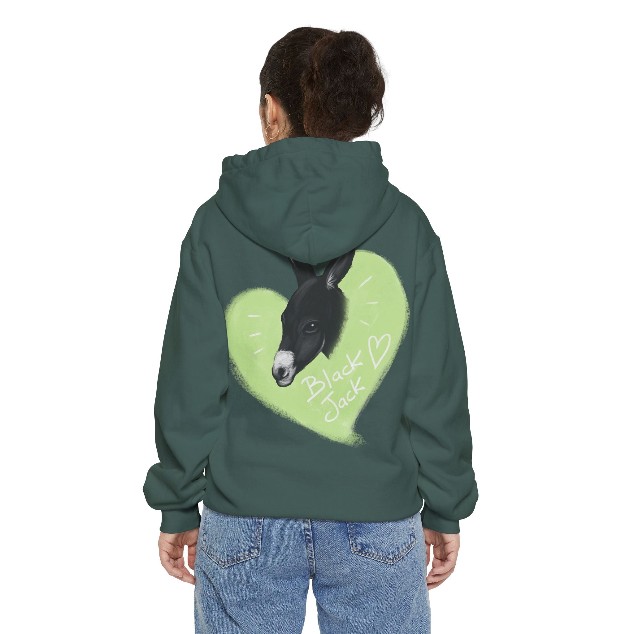 A donkey featuring the words "Black Jack" prominently displayed on its side at Ocoee Riverside Farm Unisex Hoodie