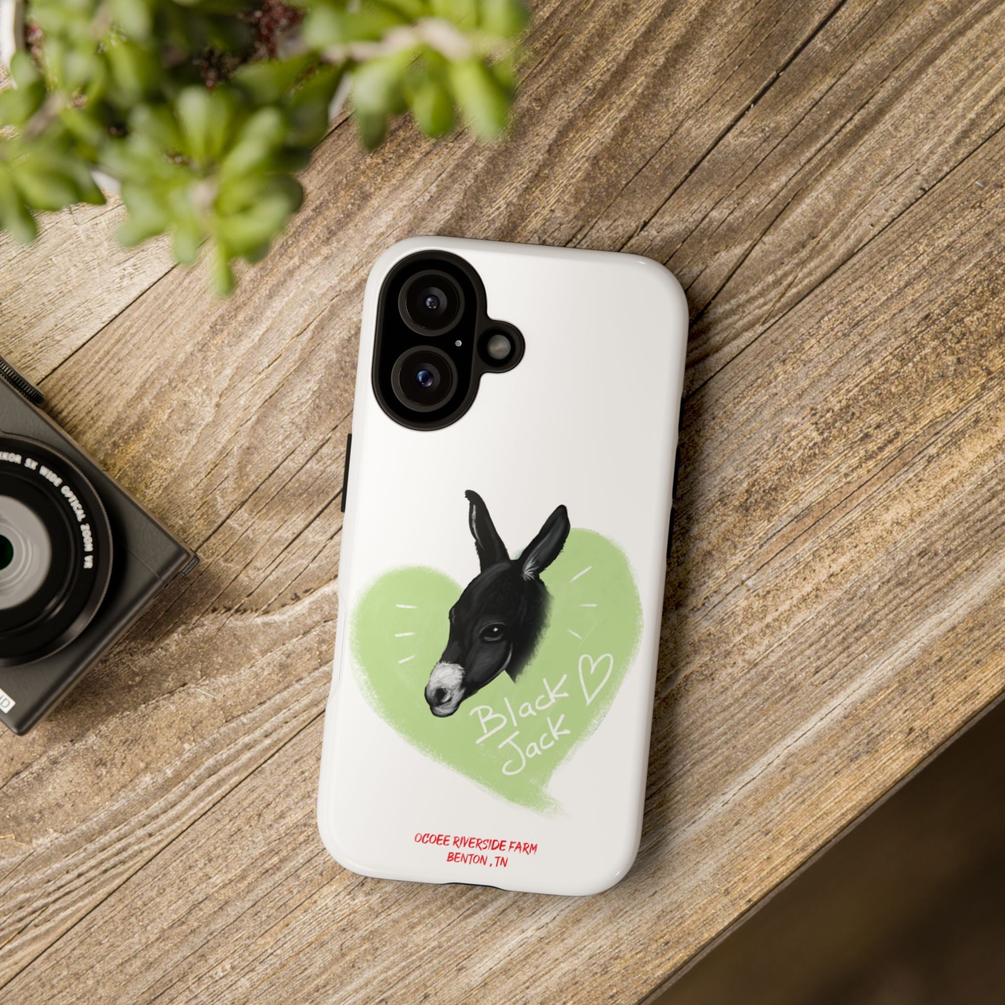 A donkey featuring the words "Black Jack" prominently displayed on its side at Ocoee Riverside Farm Phone Case