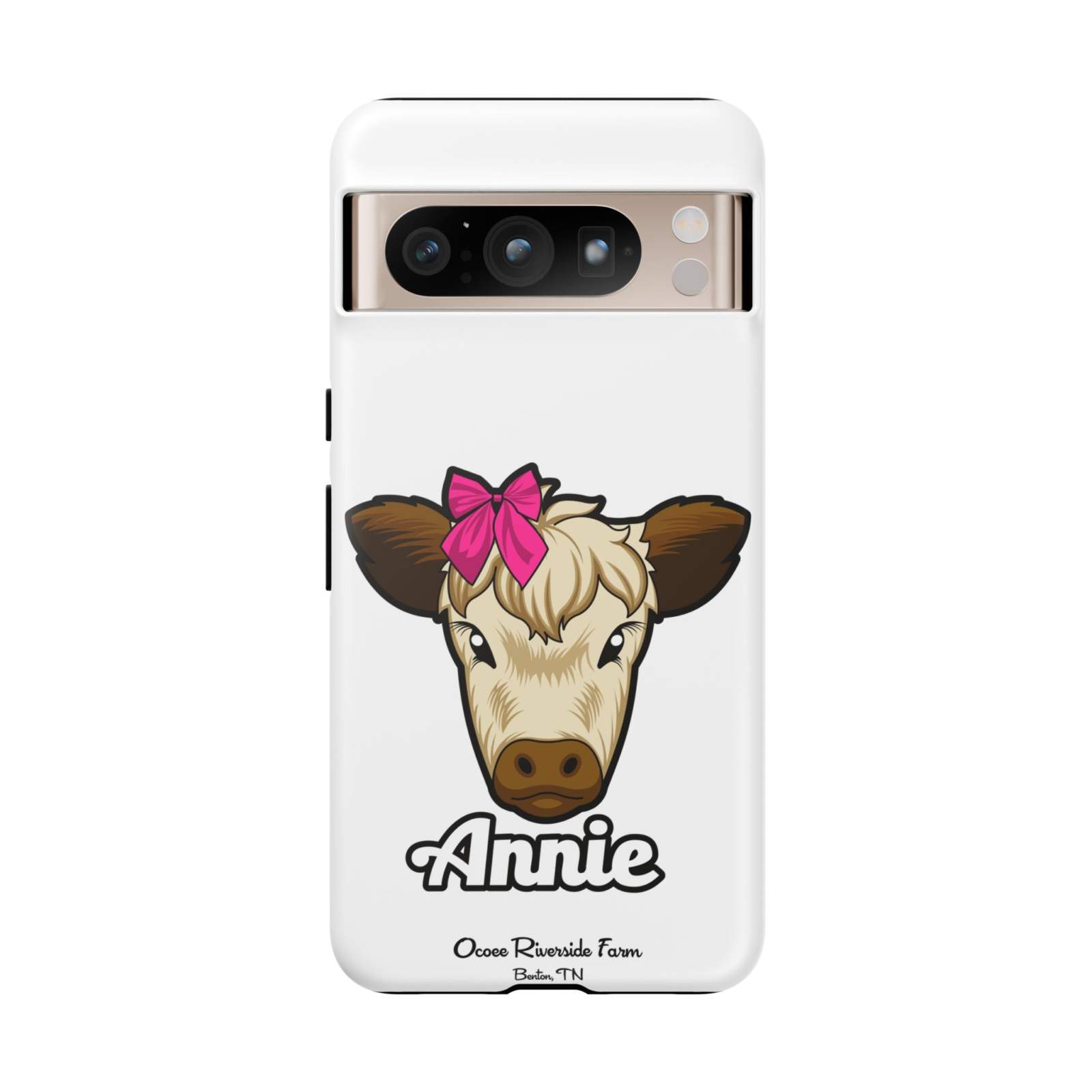 Cute cow phone case with red bow design, perfect farm animal lover gift.