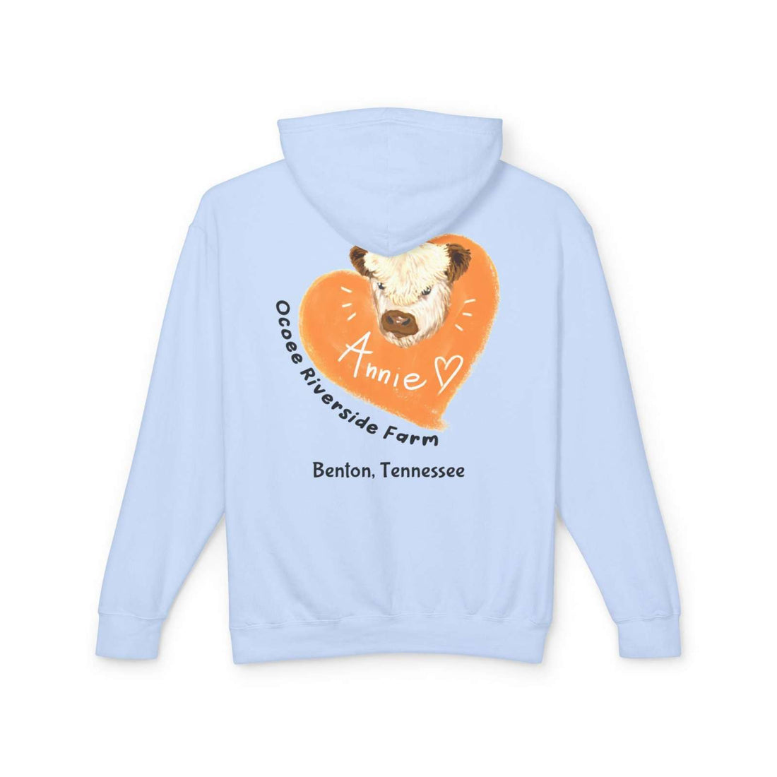 Light blue unisex hooded sweatshirt with adorable cow illustration and "Annie" text from Ocoee Riverside Farm Benton Tennessee.
