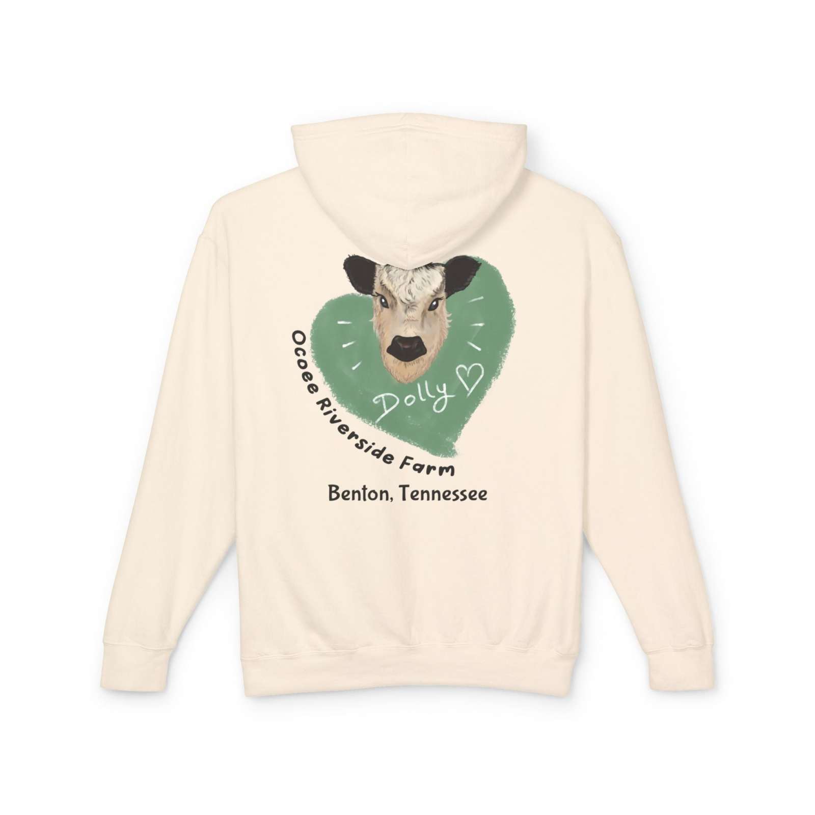 Cream Cozy Cow Hoodie with cow illustration and Ocoee Riverside Farm text on back