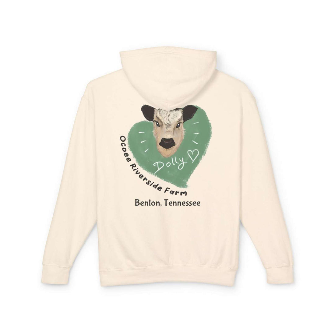Cream Cozy Cow Hoodie with cow illustration and Ocoee Riverside Farm text on back