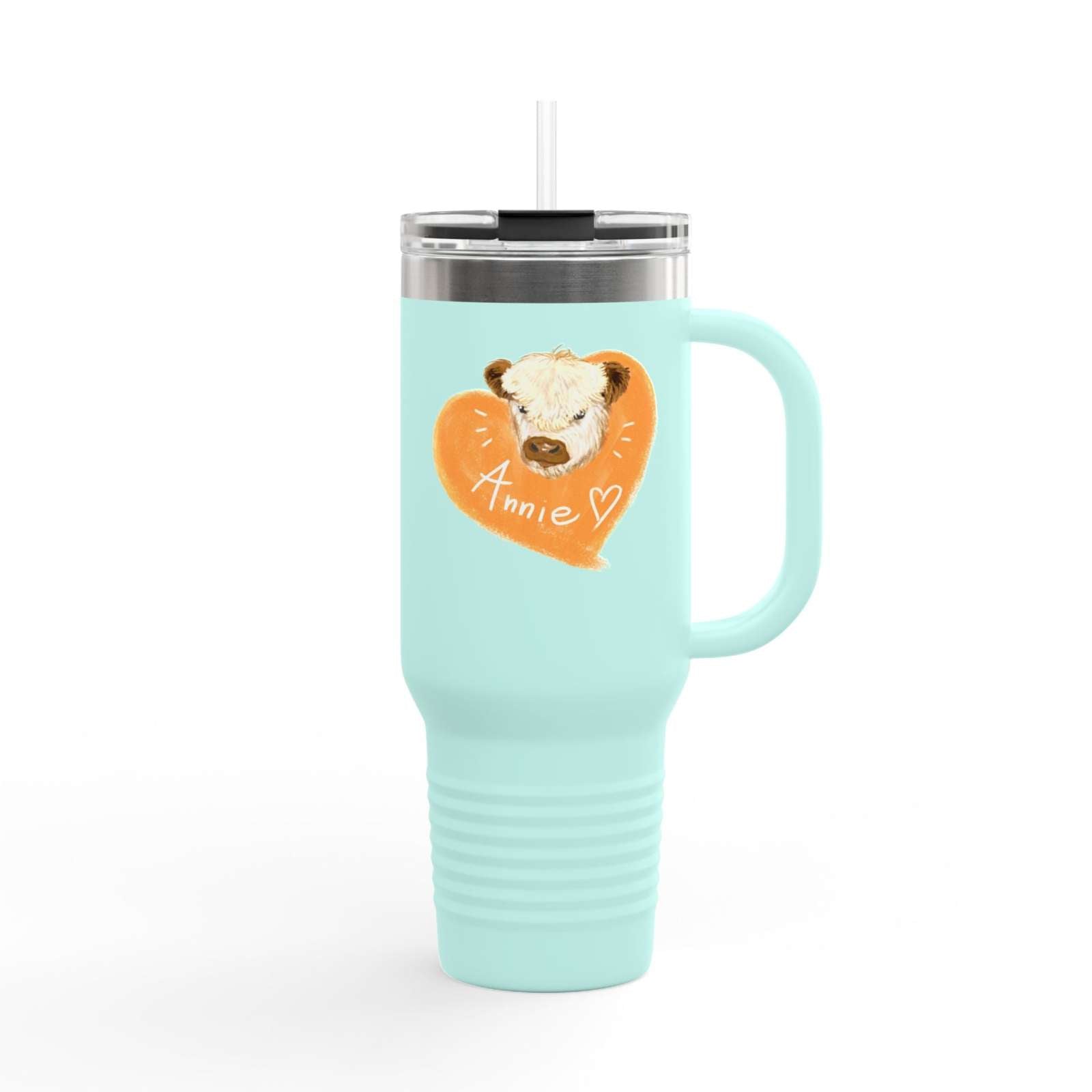 Light blue personalized insulated travel mug with custom name "Annie" and heart design, 40oz stainless steel with handle and spill-proof lid