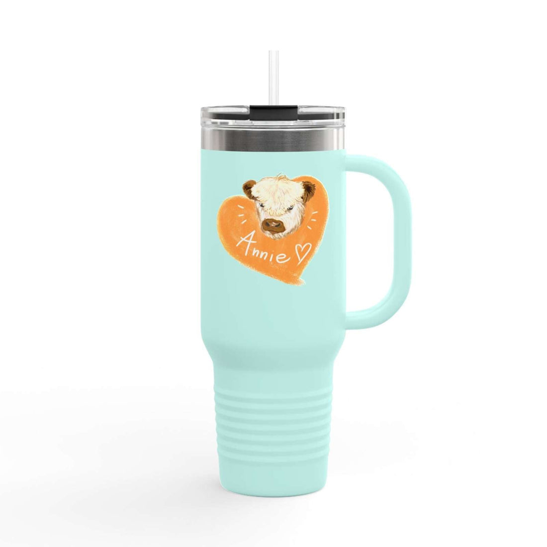 Light blue personalized insulated travel mug with custom name "Annie" and heart design, 40oz stainless steel with handle and spill-proof lid