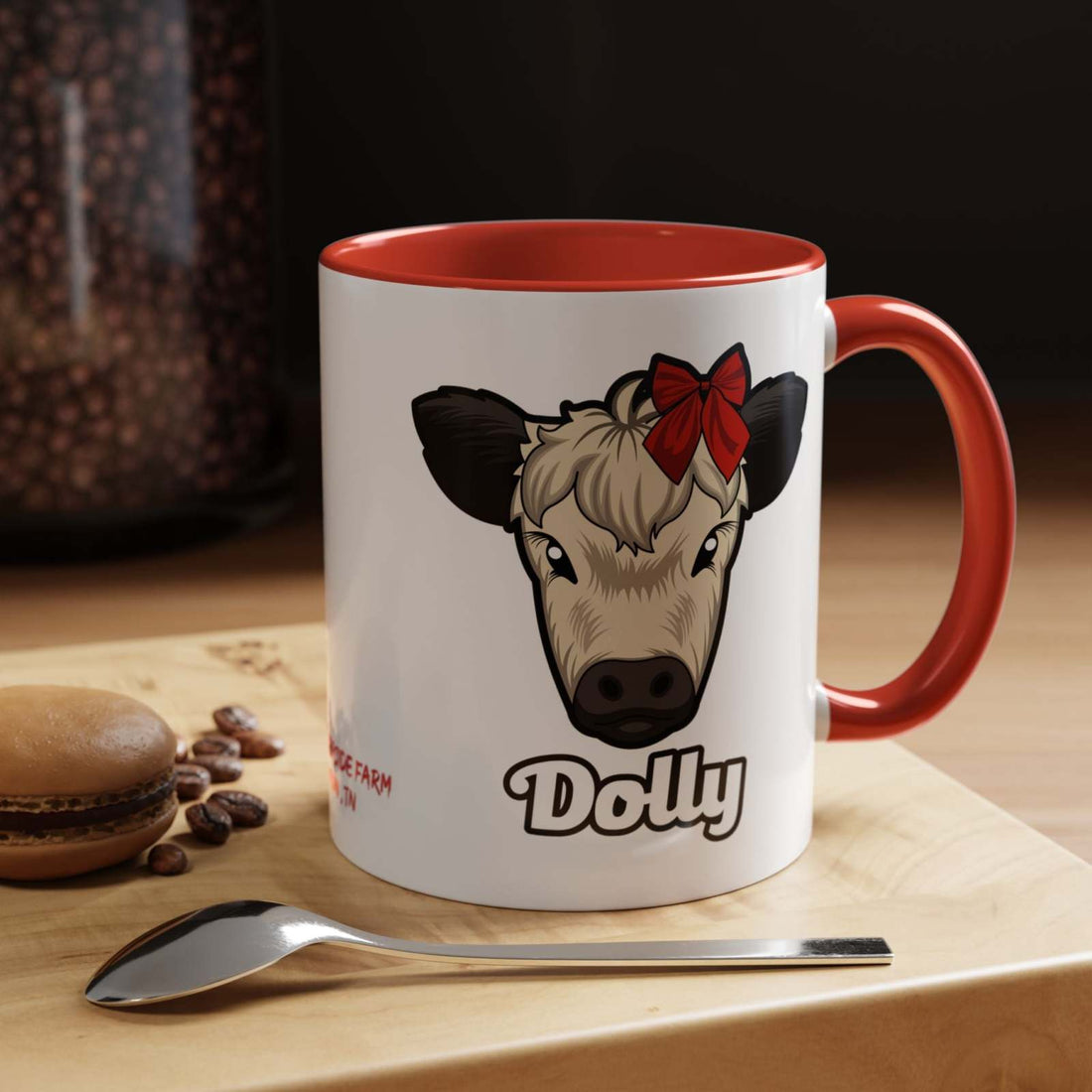 Farm Animal Coffee Mug with Dolly the cow illustration and red bow, ceramic, microwave and dishwasher safe