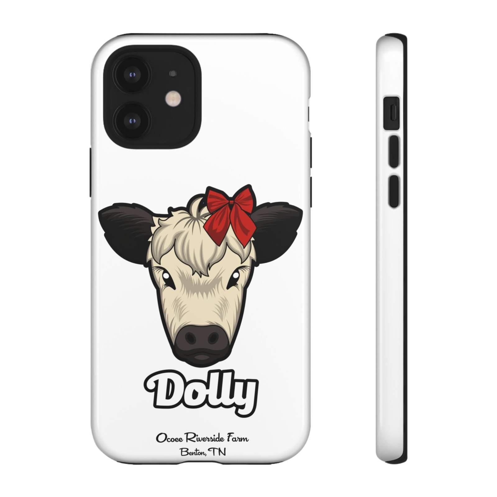 Farmhouse Chic Phone Case featuring Dolly the cow with red bow, durable protective design for rustic style phones