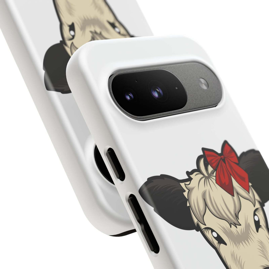 Farmhouse Chic Phone Case with a cow design featuring a red bow, durable protection for scratches and drops.