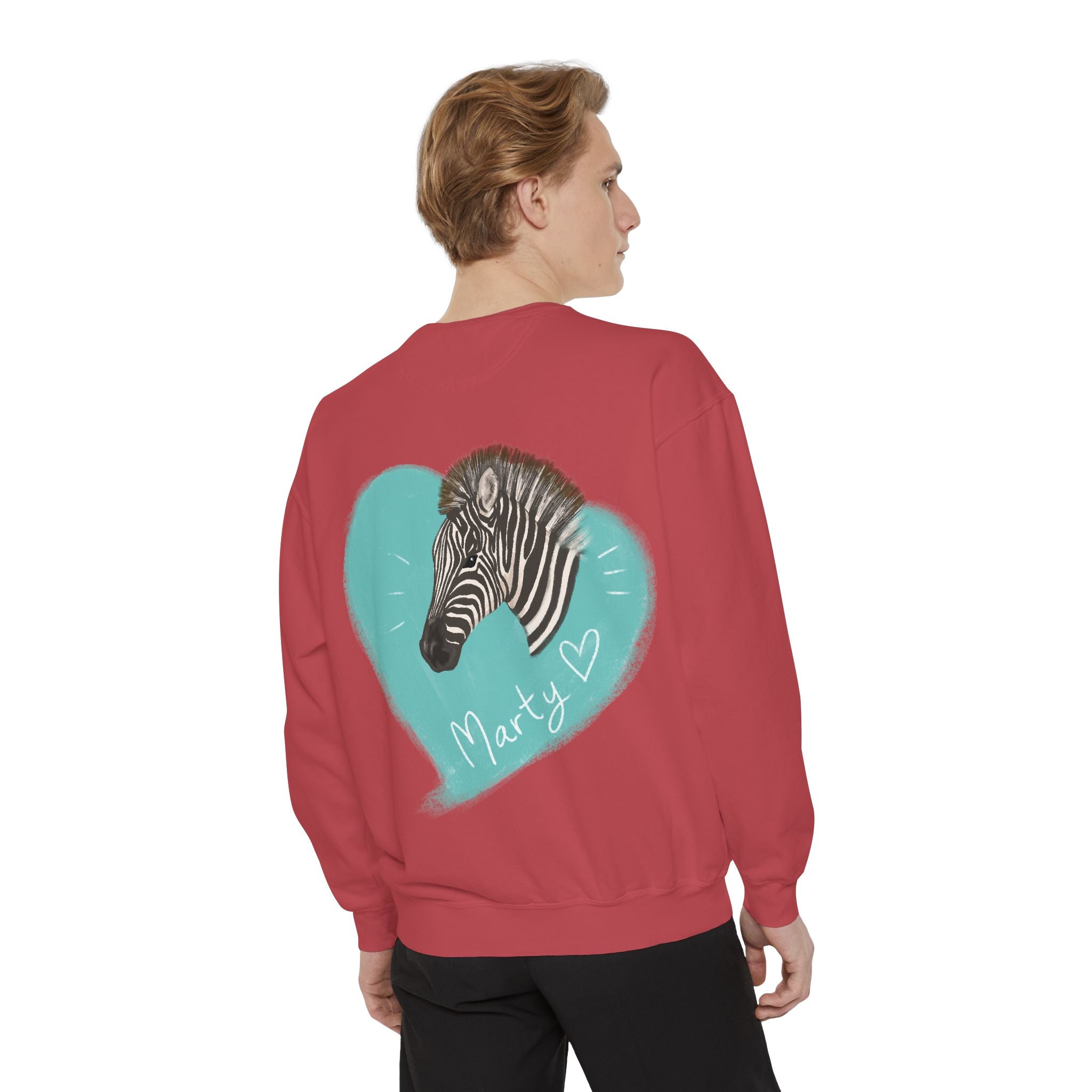 A zebra adorned with the word "Marty" creatively integrated into its stripes at Ocoee Riverside Farm Sweatshirt