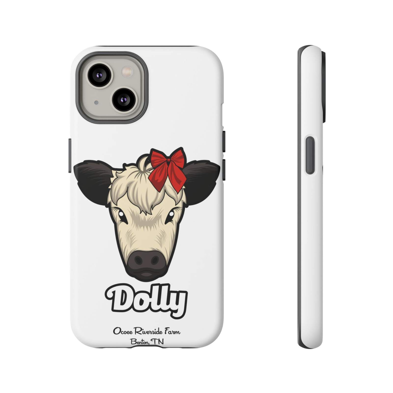 Farmhouse Chic Phone Case featuring Dolly the cow with a red bow, durable and stylish rustic design.