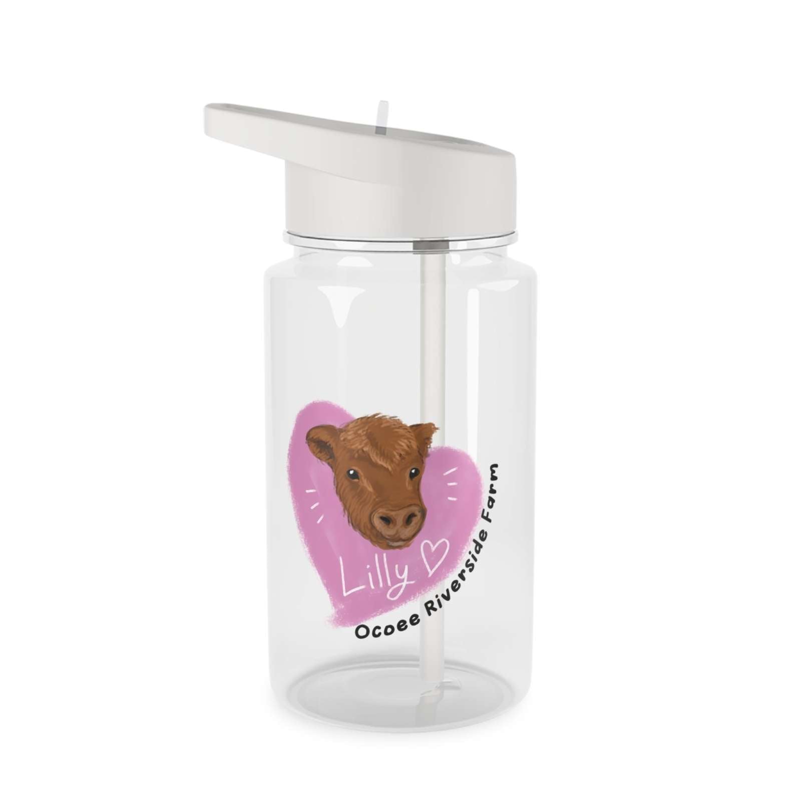 Clear Cow Farm Water Bottle with foldable straw, cow face design, and "Lilly" text on pink heart background
