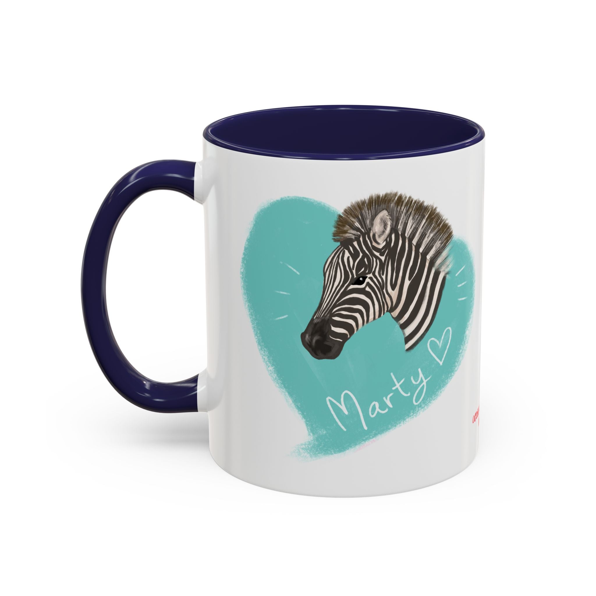 A zebra adorned with the word "Marty" creatively integrated into its stripes at Ocoee Riverside Farm Coffee Mug