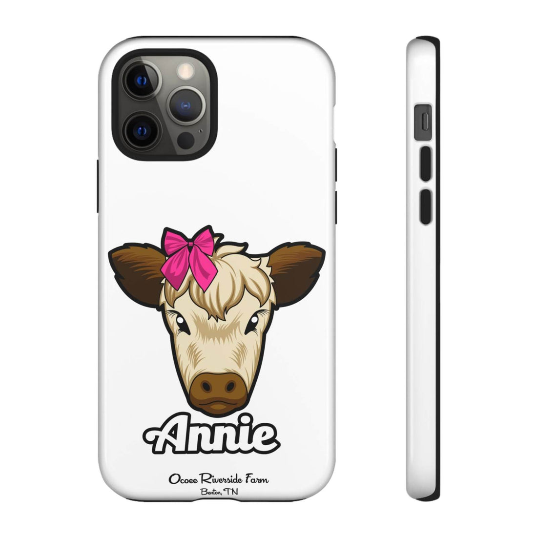 Cute cow phone case with red bow for farm animal lovers.