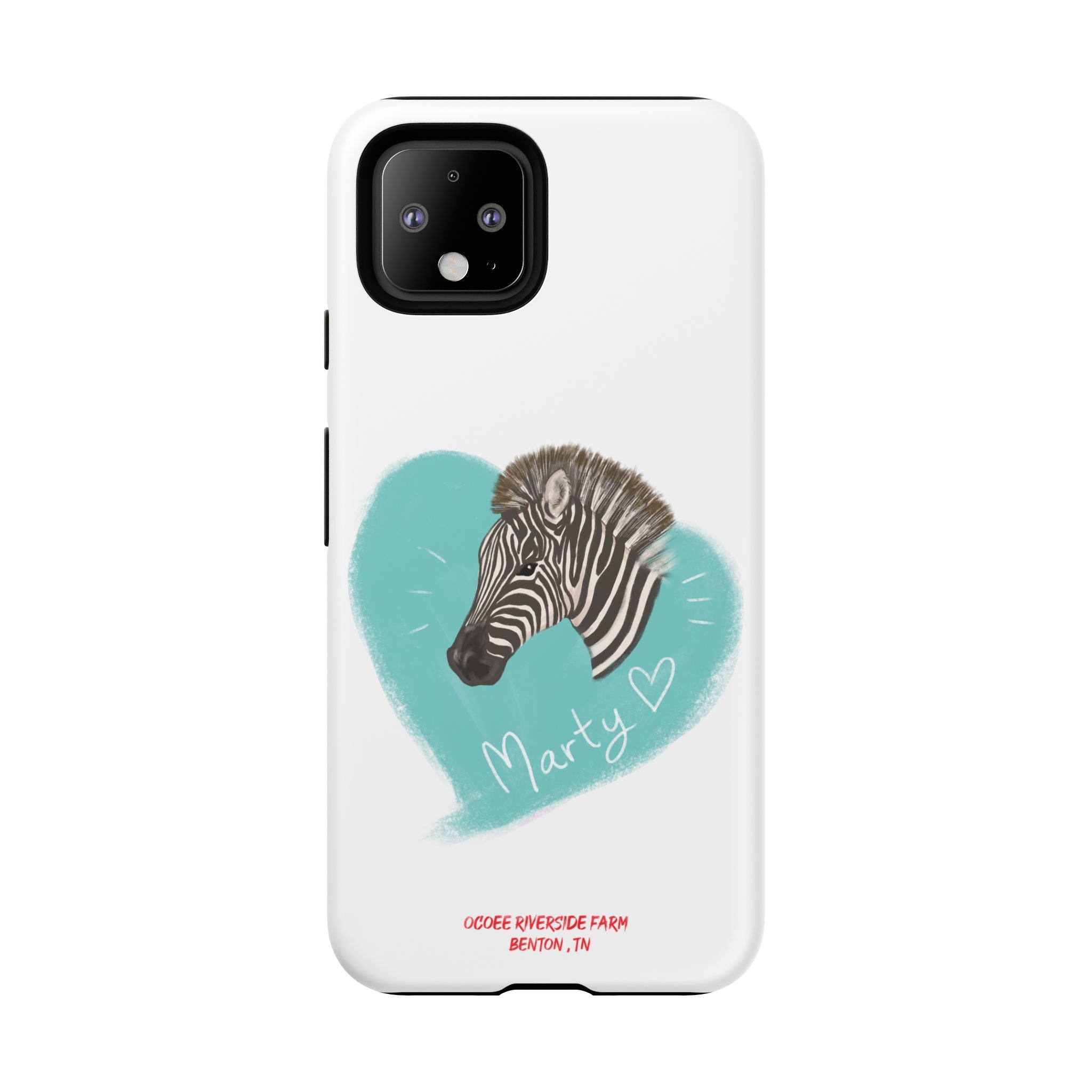 A zebra adorned with the word "Marty" creatively integrated into its stripes at Ocoee Riverside Farm Phone Case