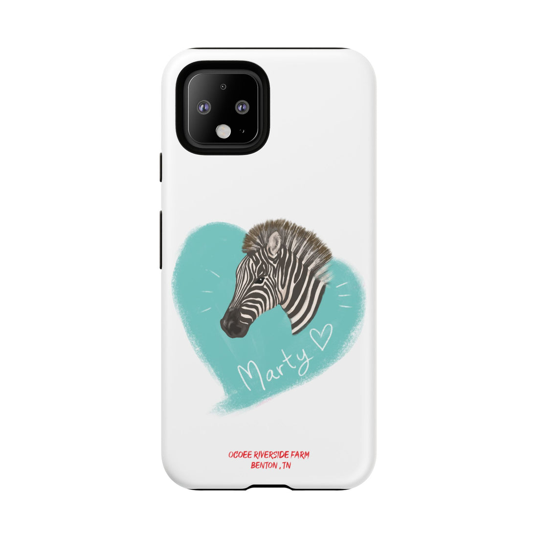 A zebra adorned with the word "Marty" creatively integrated into its stripes at Ocoee Riverside Farm Phone Case
