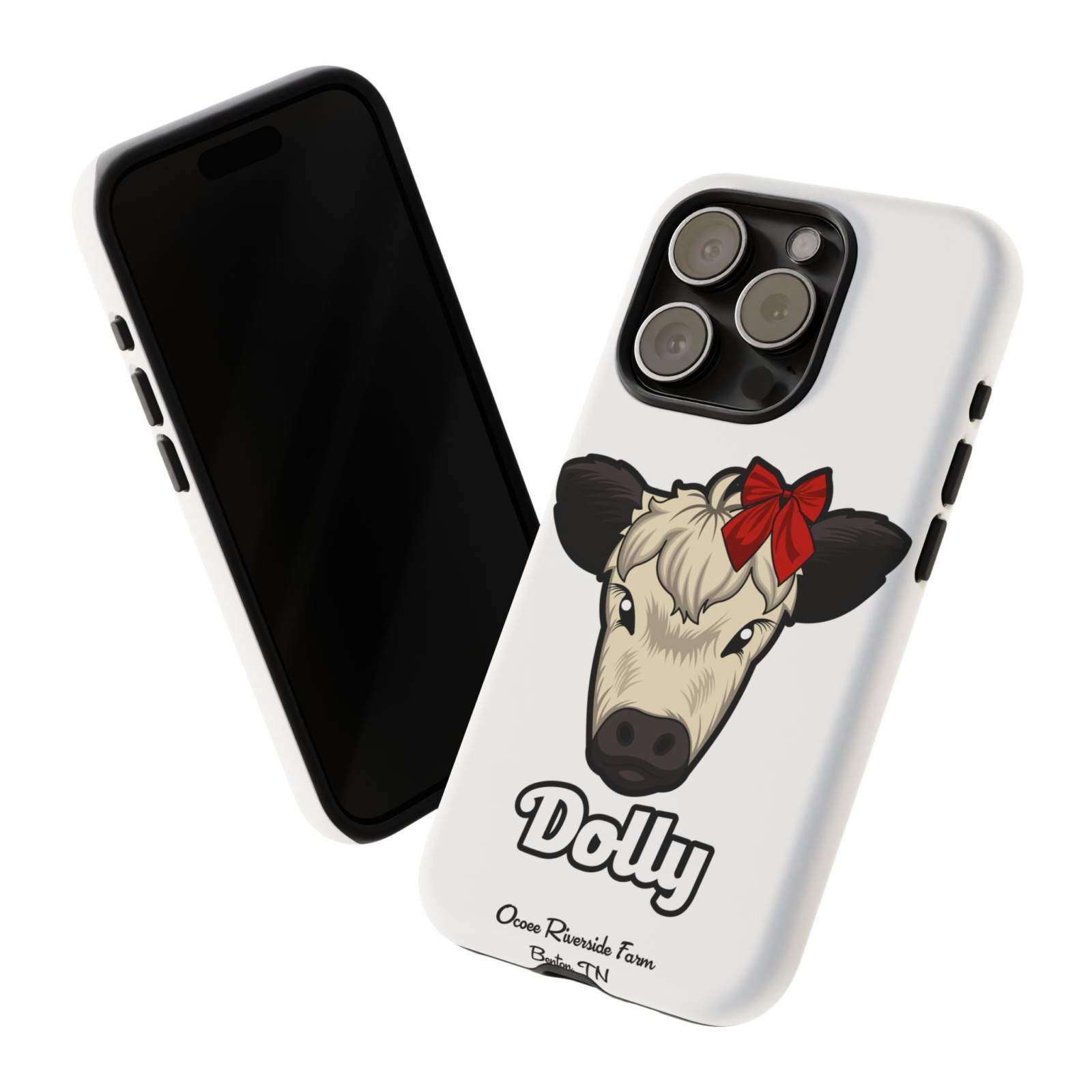 Farmhouse Chic phone case with Dolly the cow design and red bow.