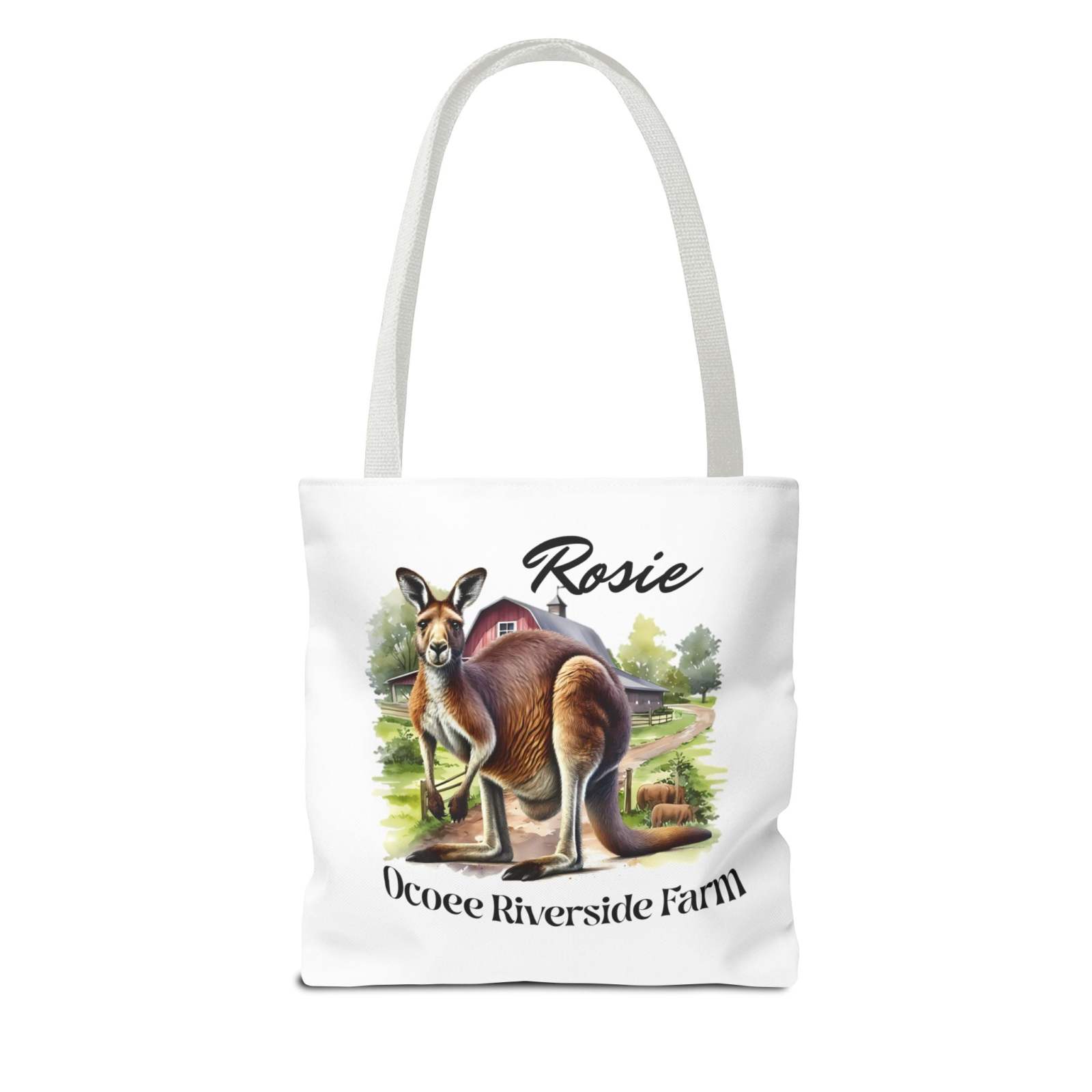White eco-friendly tote bag featuring Rosie the kangaroo and Ocoee Riverside Farm design