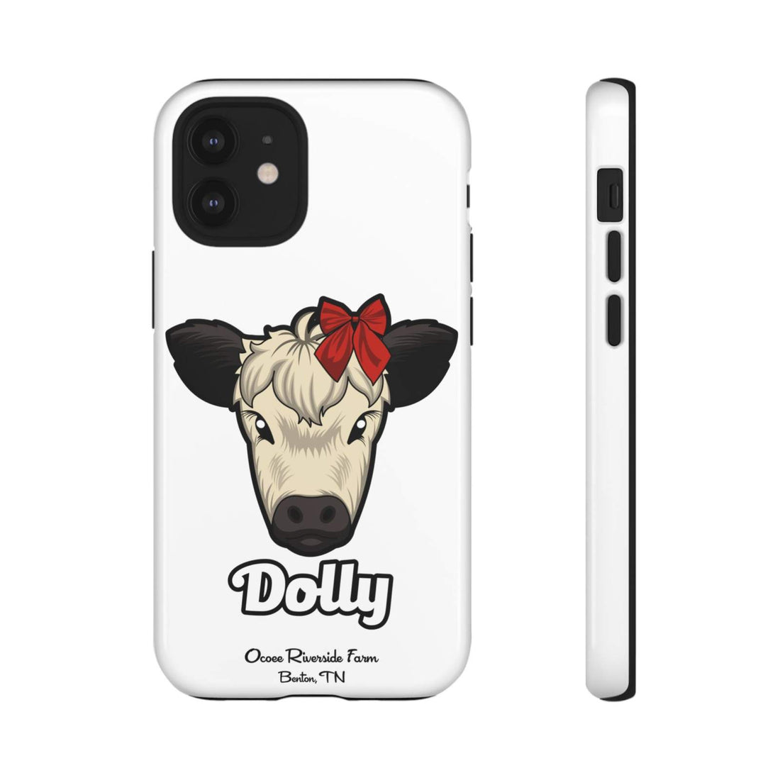 Farmhouse Chic Phone Case featuring Dolly the cow with a red bow, durable protective design with rustic country charm