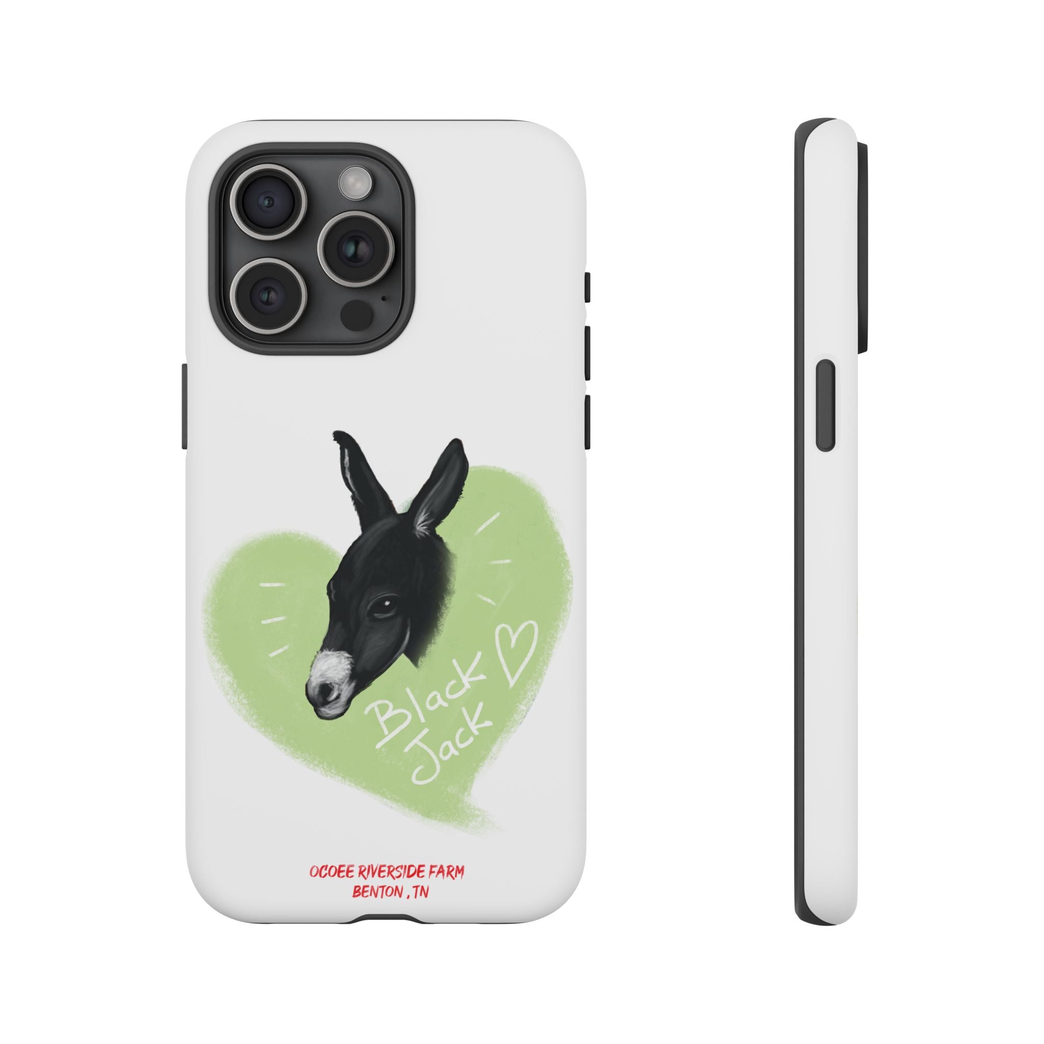 A donkey featuring the words "Black Jack" prominently displayed on its side at Ocoee Riverside Farm Phone Case