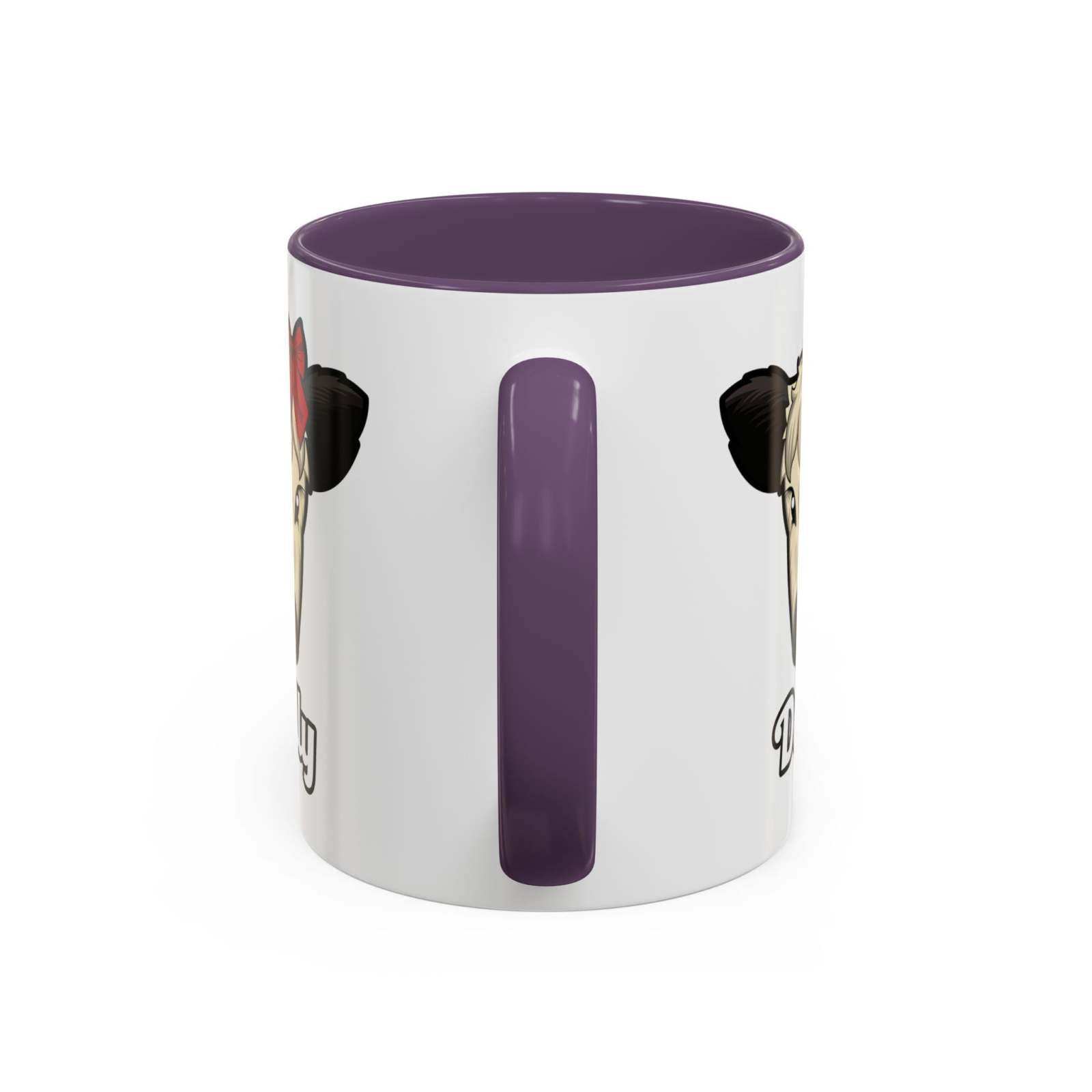 Farm Animal Coffee Mug featuring Dolly the cute cow with a red bow, white ceramic with purple handle and interior, microwave and dishwasher safe.
