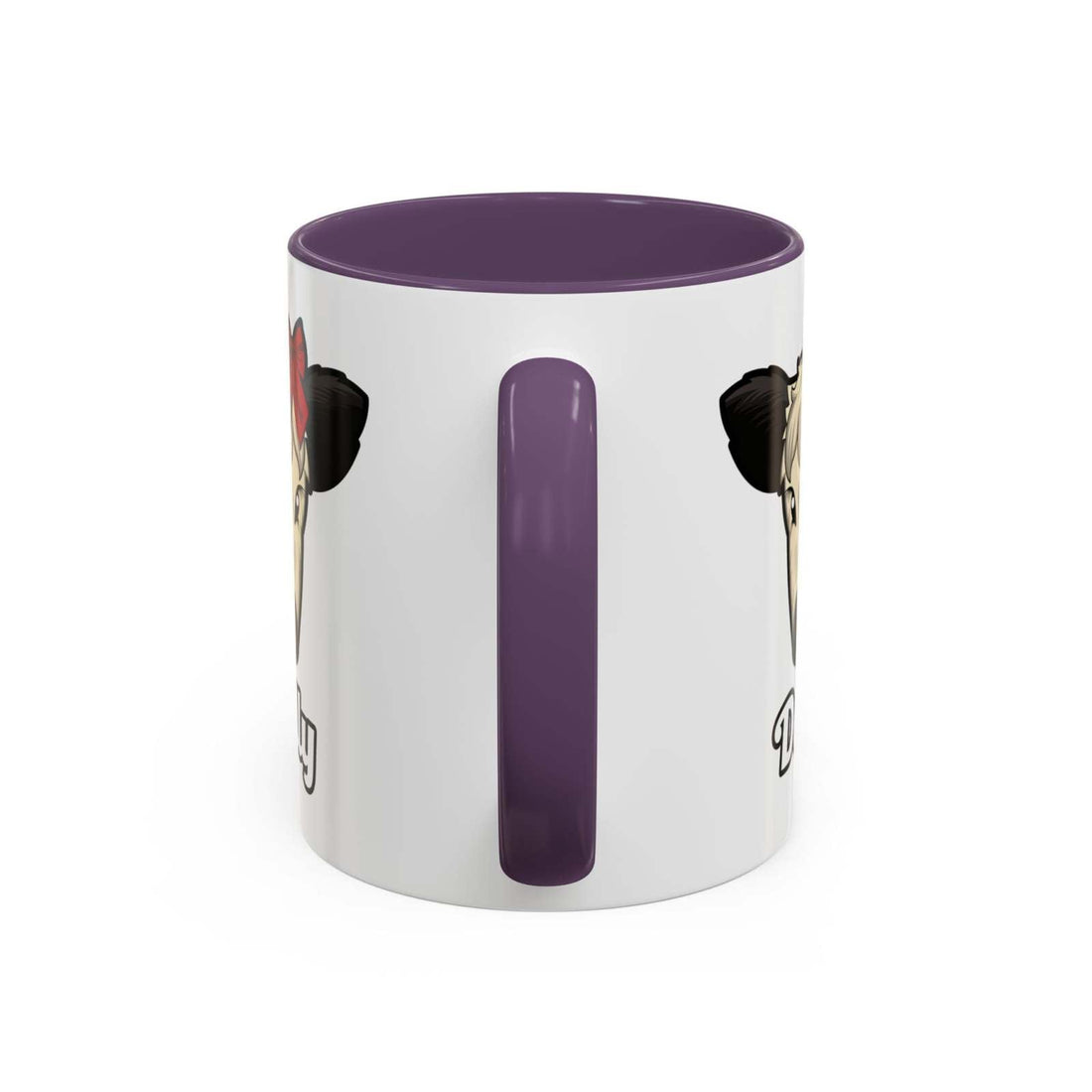 Farm Animal Coffee Mug featuring Dolly the cute cow with a red bow, white ceramic with purple handle and interior, microwave and dishwasher safe.