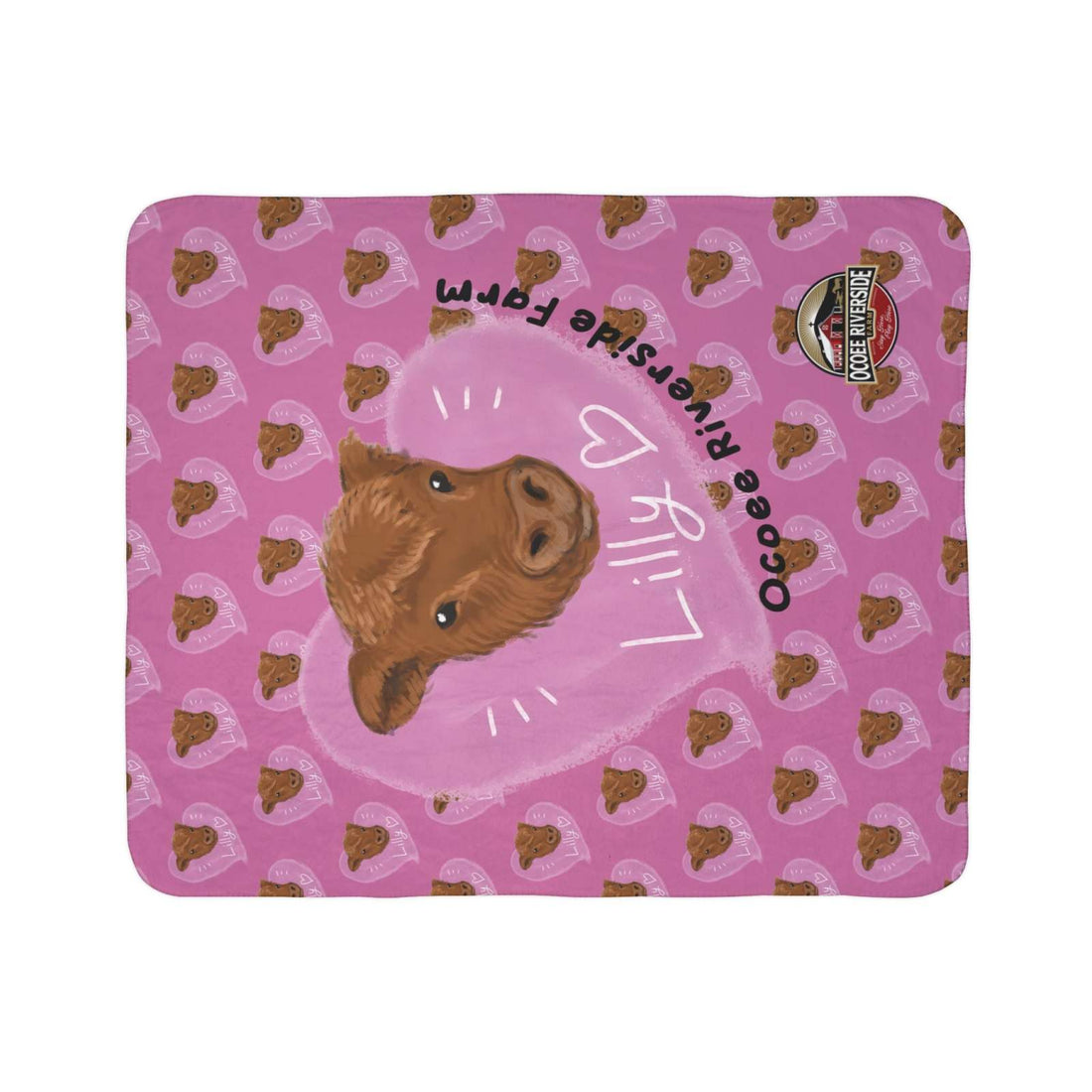 Pink Farm Animal Sherpa Blanket featuring a cute cow face design with "Lilly" and "Ocoee Riverside Farm" text