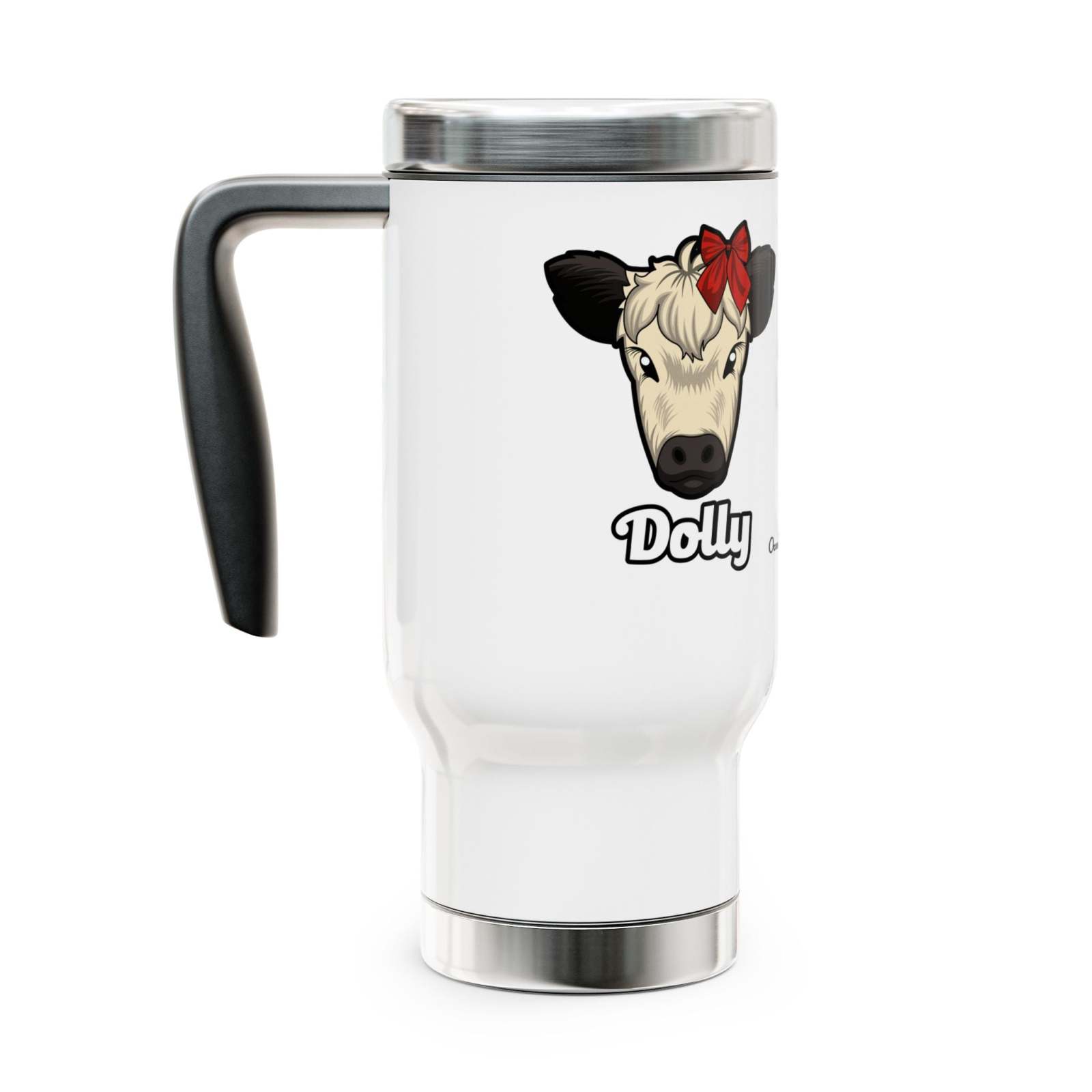 Farmhouse Cow Travel Mug with Dolly the Red Bow Cow design, 14oz stainless steel insulated coffee tumbler with handle and spill-resistant lid