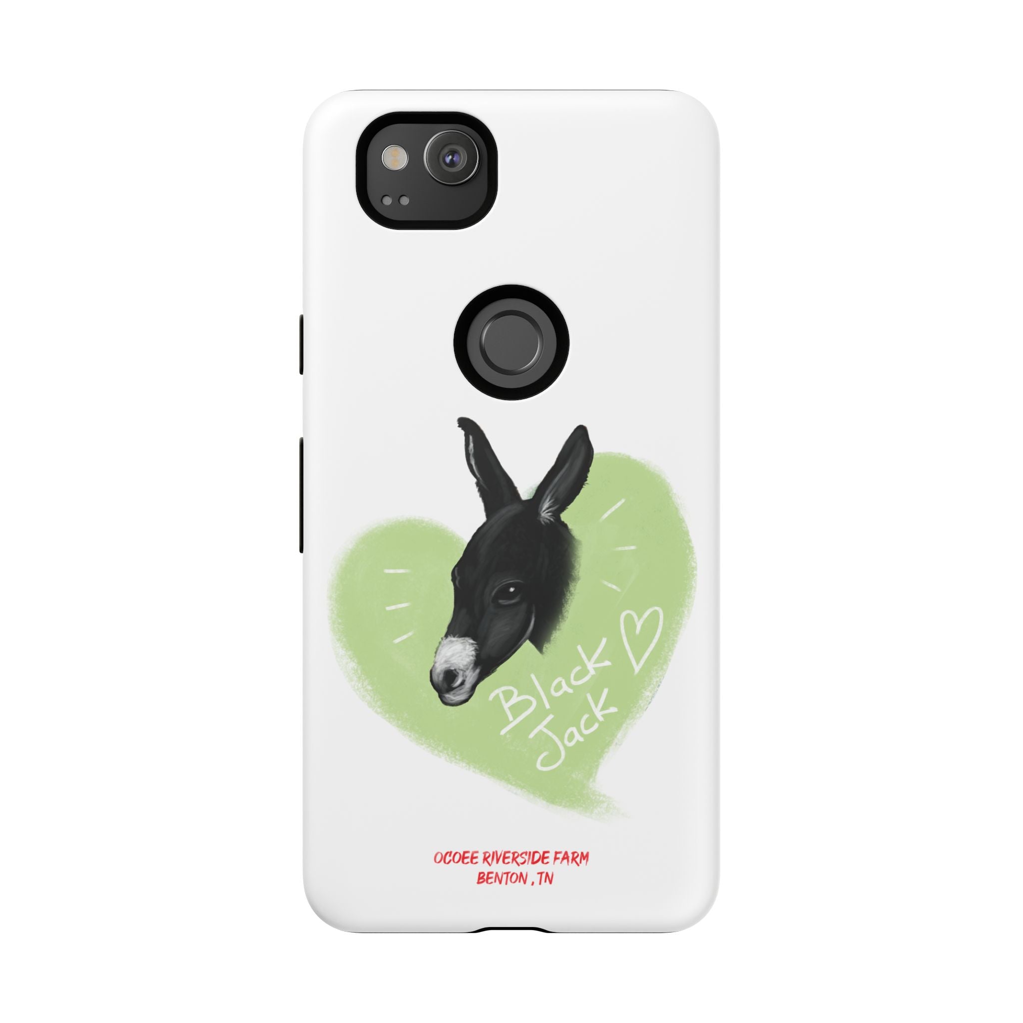 A donkey featuring the words "Black Jack" prominently displayed on its side at Ocoee Riverside Farm Phone Case