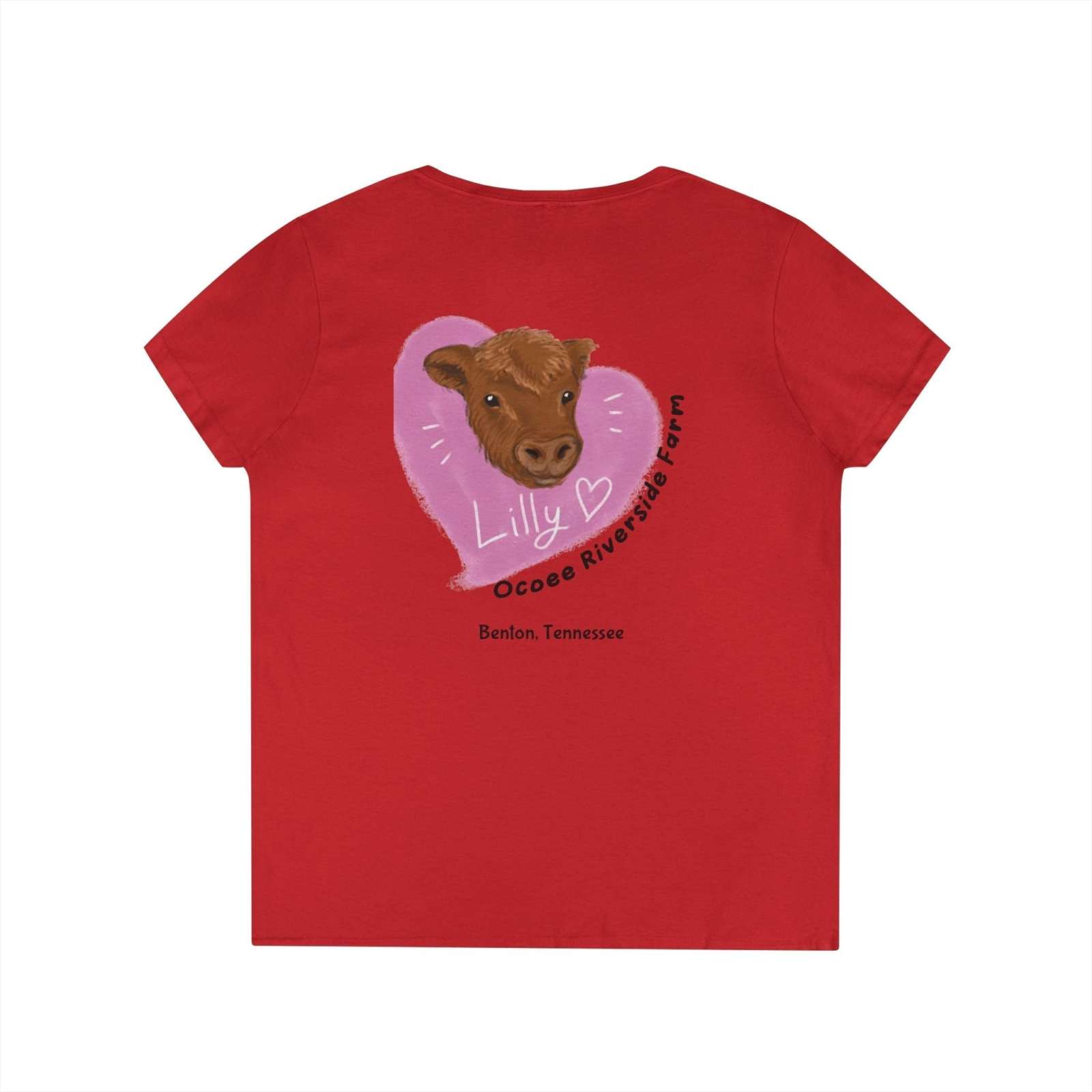 Red Spud Heart Women’s V-Neck Tee featuring a cow illustration with heart and farm text