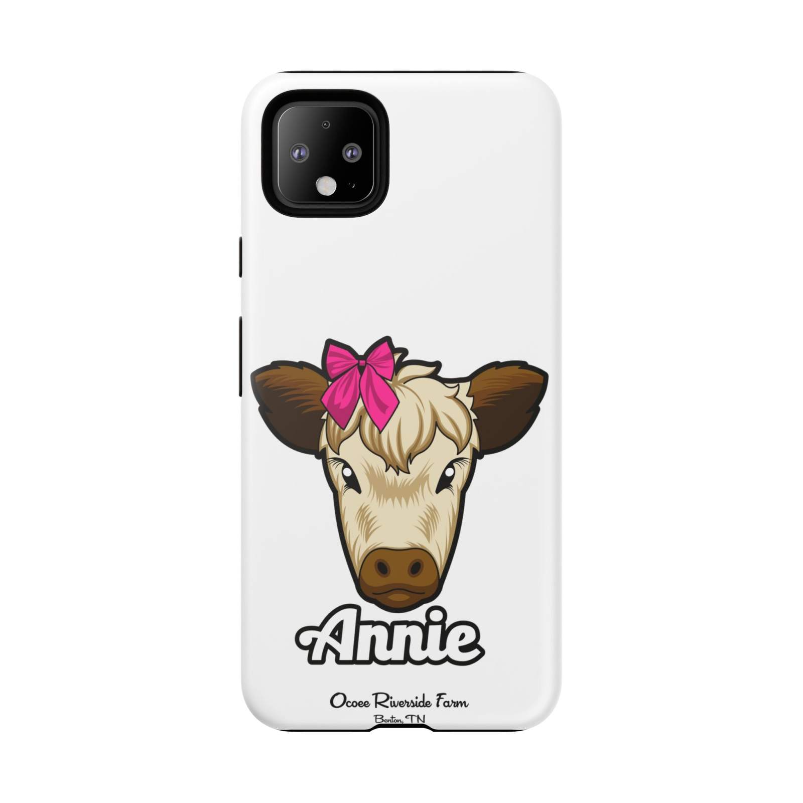 Cute Annie the Cow phone case with red bow, ideal farm animal lover gift from Ocoee Riverside.