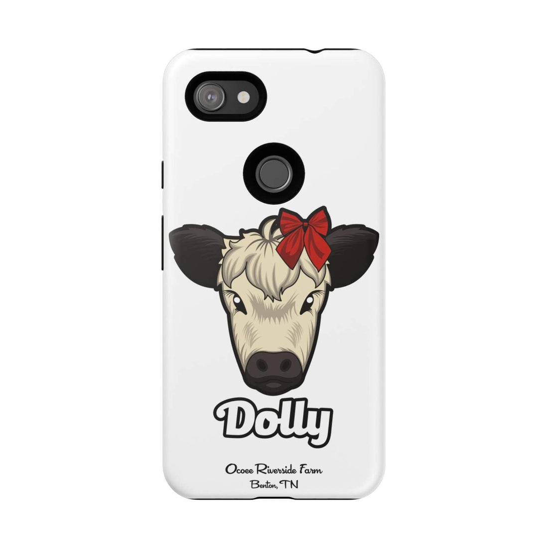 Farmhouse Chic phone case featuring Dolly the cow with a red bow, durable protective design with wireless charging support