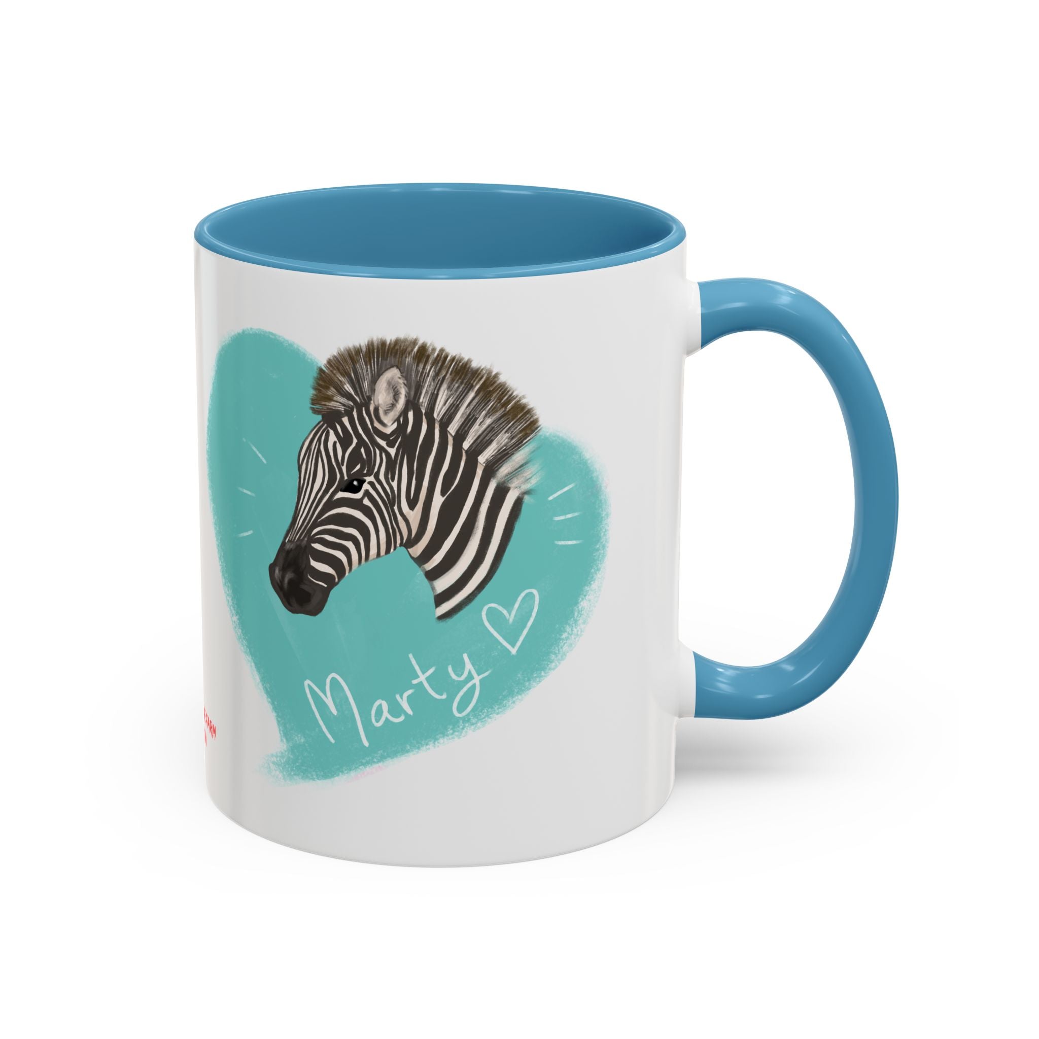 A zebra adorned with the word "Marty" creatively integrated into its stripes at Ocoee Riverside Farm Coffee Mug